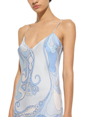 Orchidee and soleil print silk dress with cape