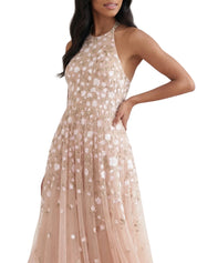 Trailing roses halter-neck ankle gown