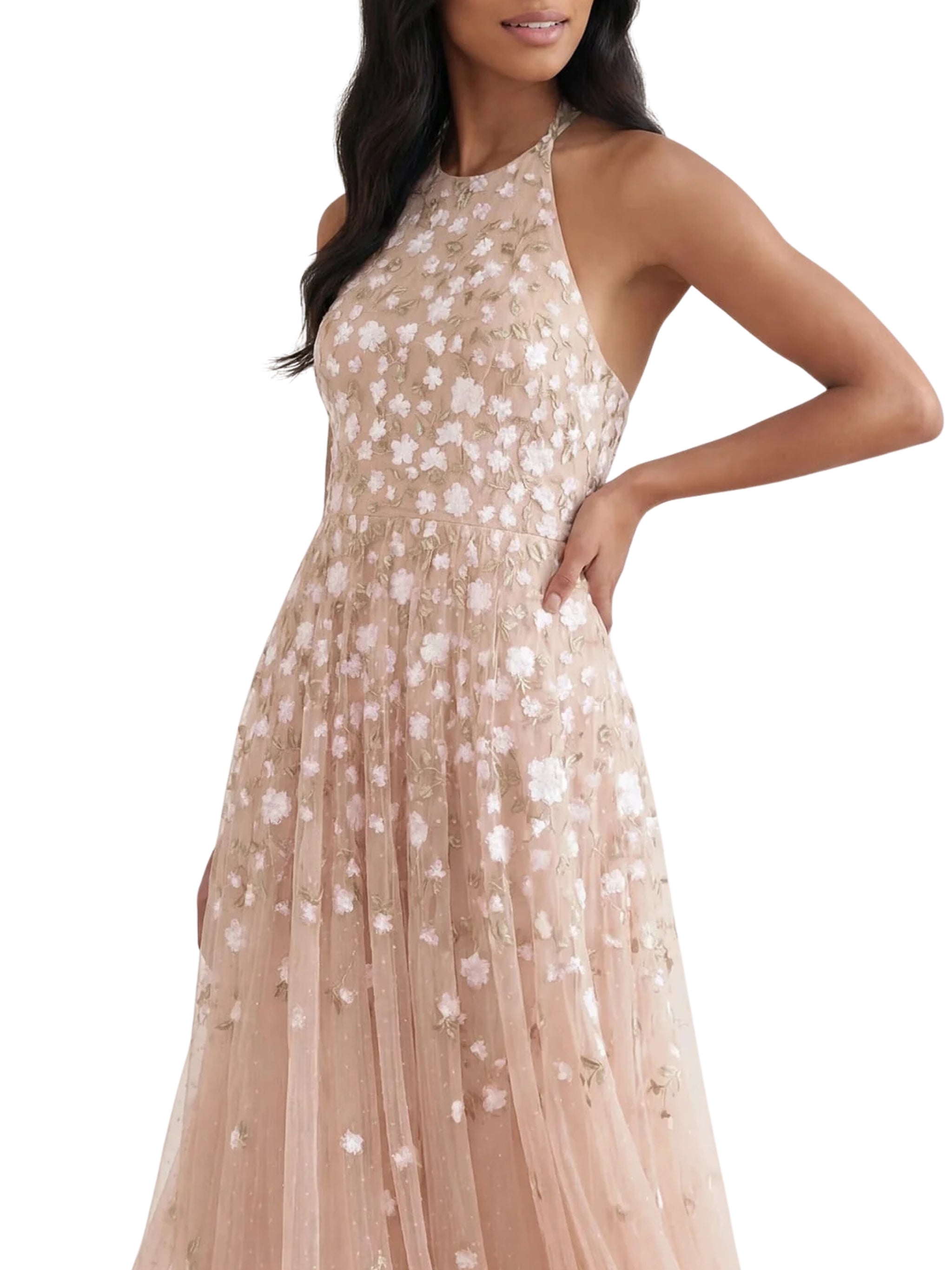 Trailing roses halter-neck ankle gown