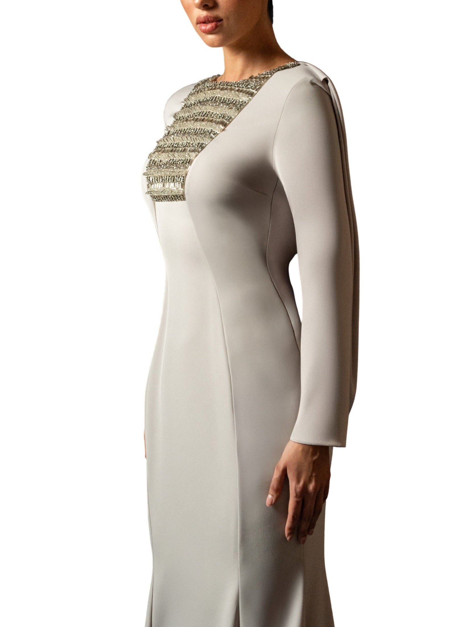 Hand embroiderd chest long sleeves off shoulder dress full cover modest dress fish cut