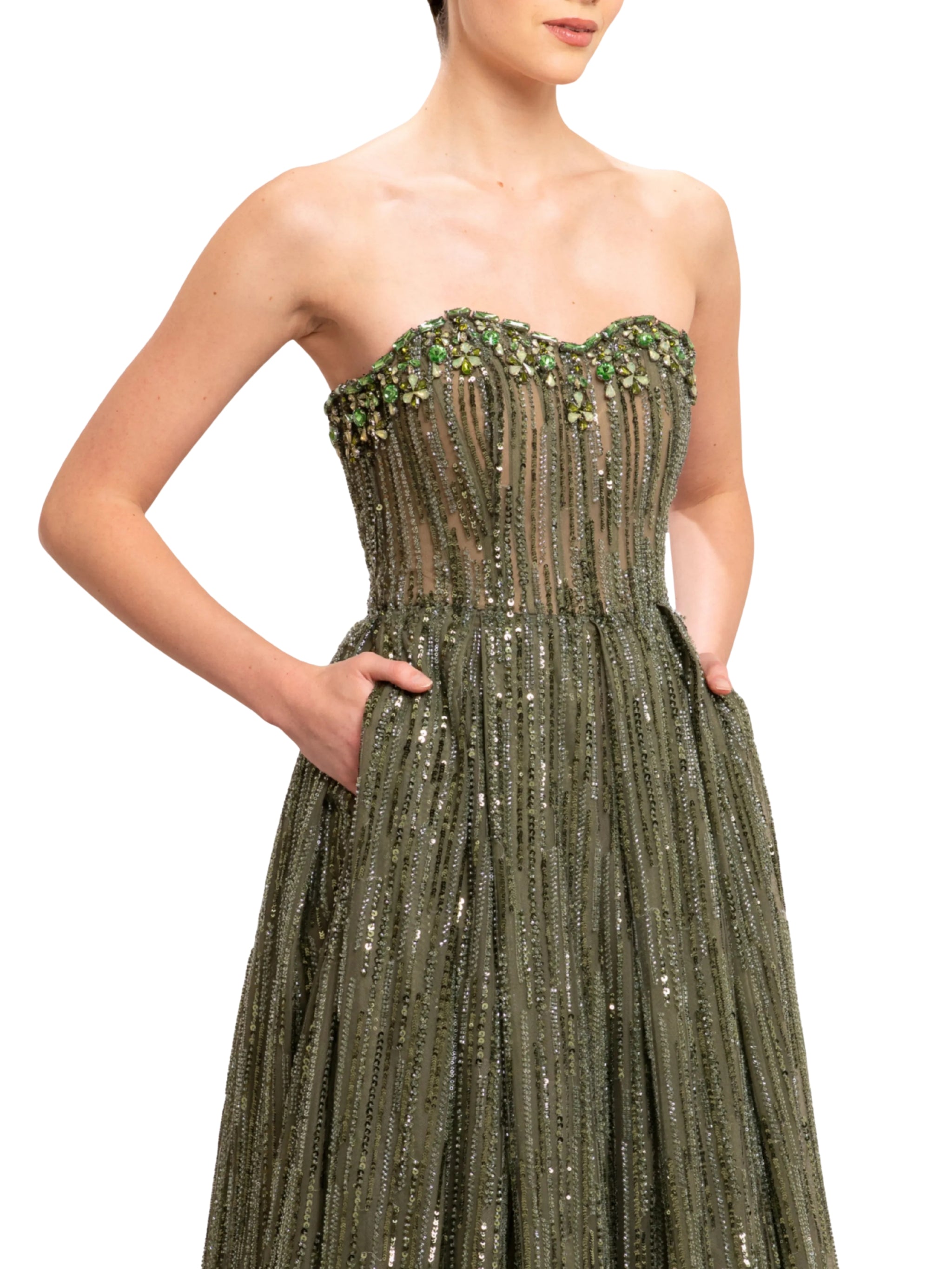 Bead embroidered sweetheart neck gown