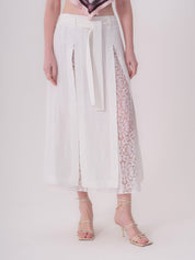 Belted Linen Skirt with Lace and Slit Detail