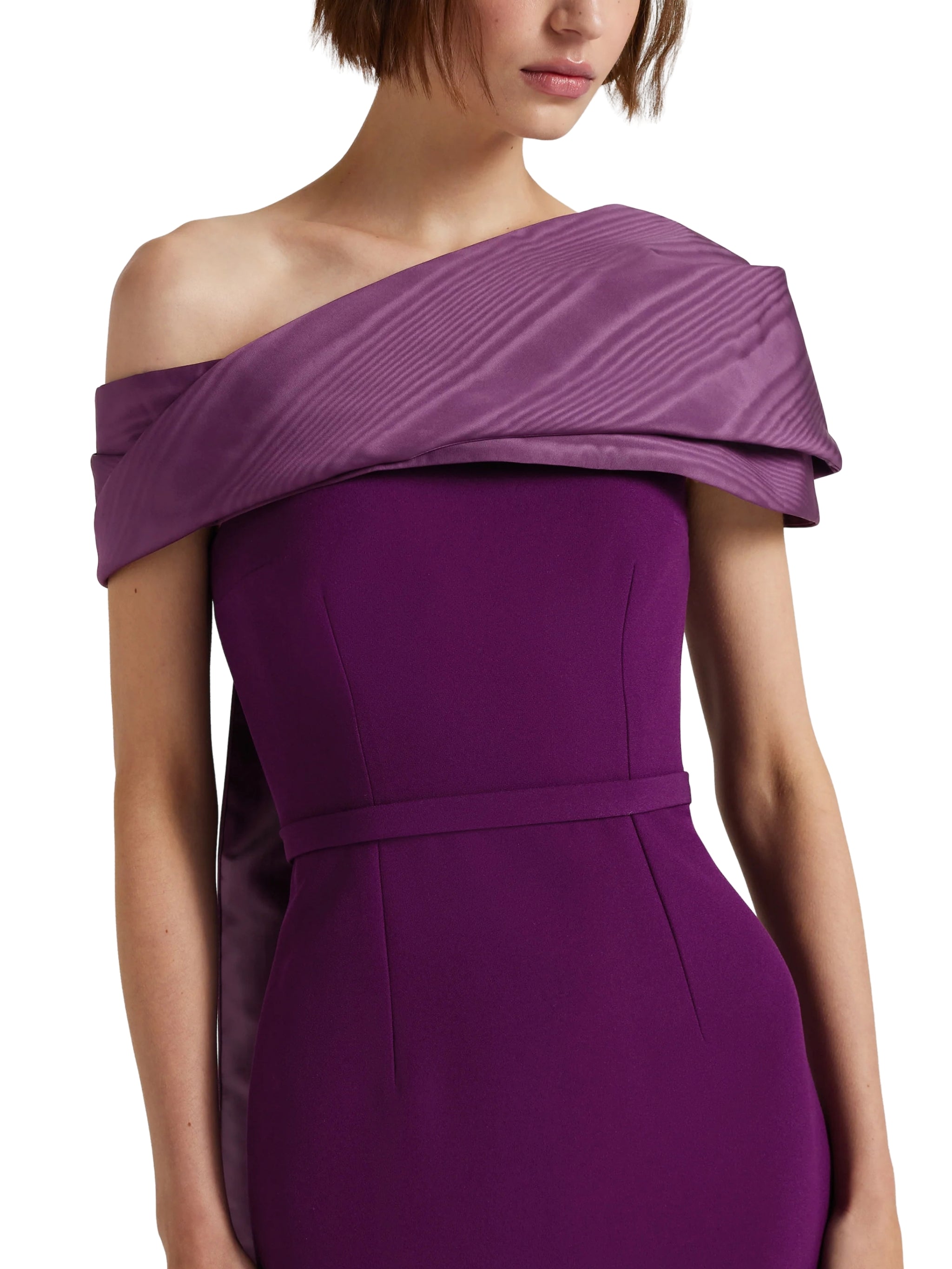 Asymmetric gown with contrast bust detail and sash
