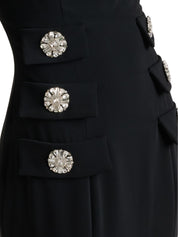 KIENNA CREPE SQUARE-NECK GOWN WITH CRYSTAL BUTTONS