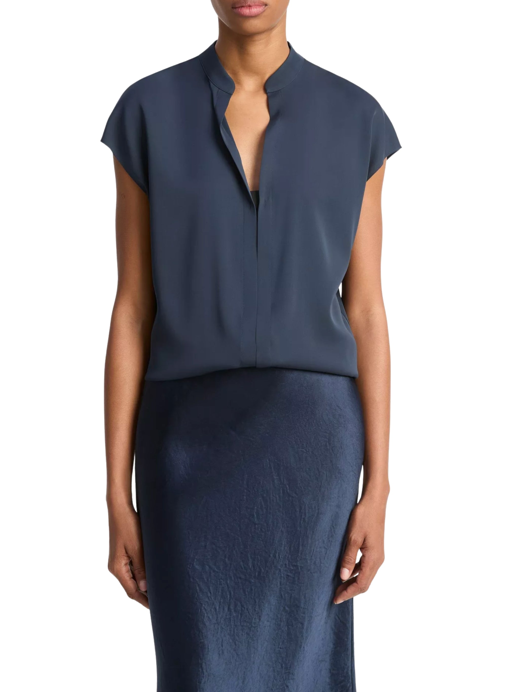 CAP SLV BLOUSE W/ CONTRAST HIDDEN PLKT