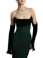 Raven Crepe and Velvet Dress in Dark-Green