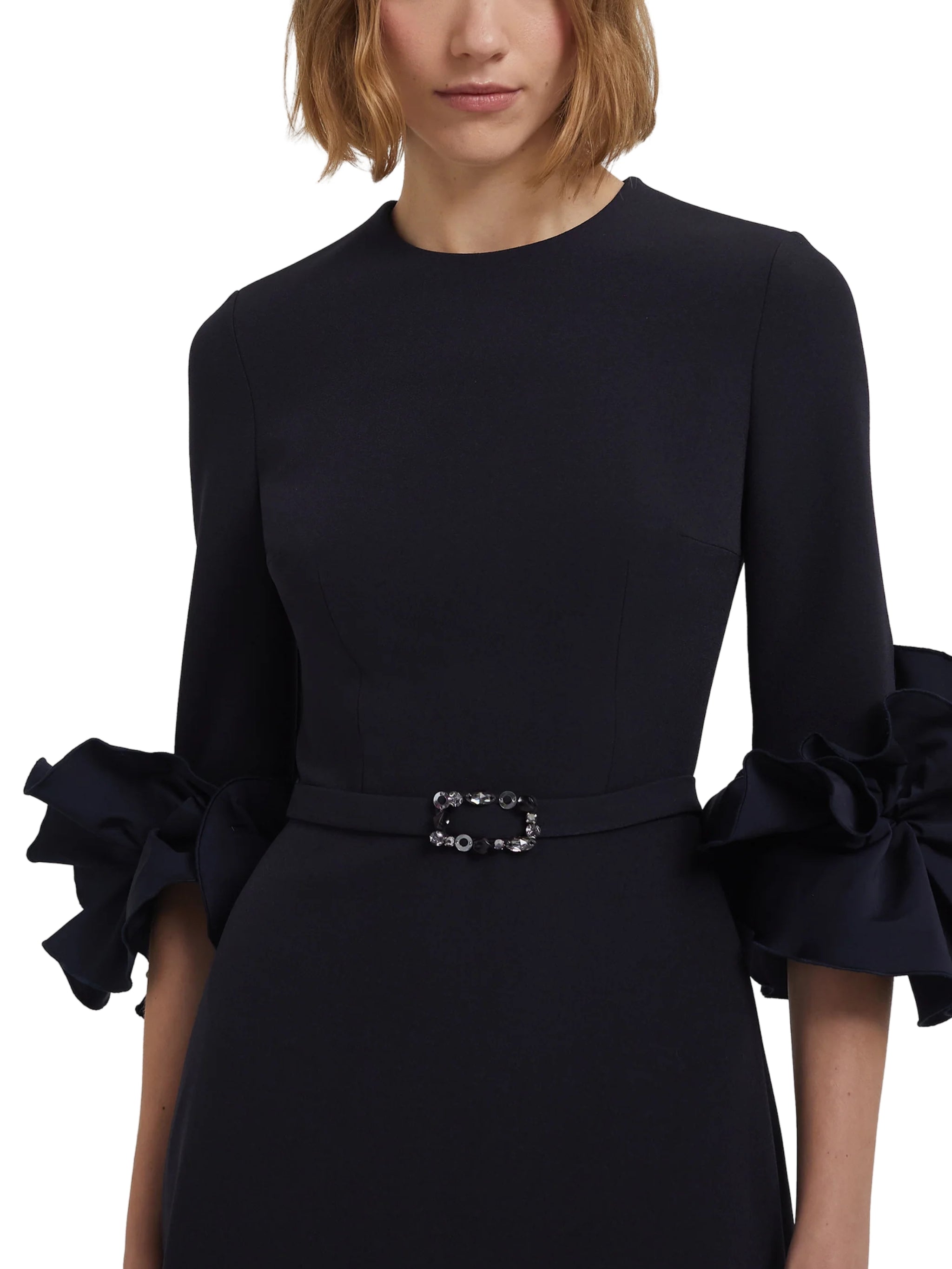 BELEN LONG SLEEVE A-LINE GOWN WITH RUFFLE SLEEVE DETAIL