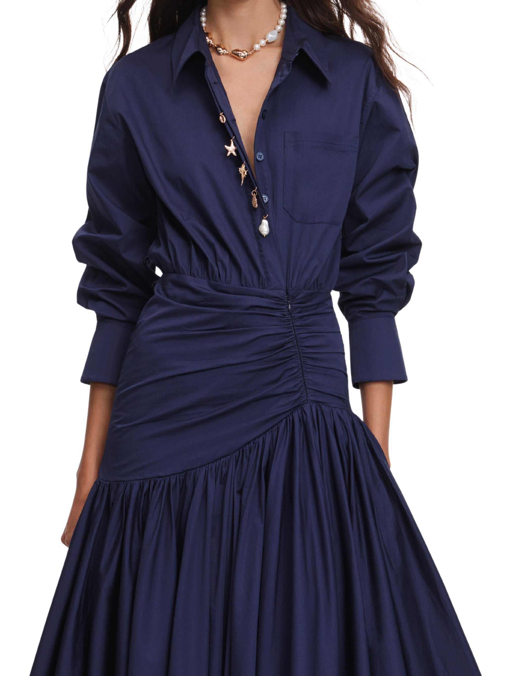 Navy cotton asymmetric midi dress