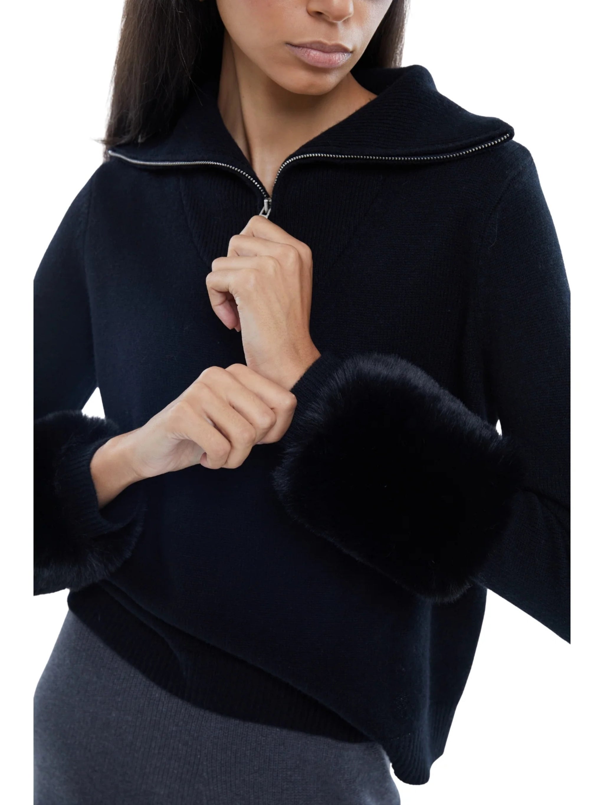 THE ZIP UP FAUX CUFF SWEATER IN BLACK
