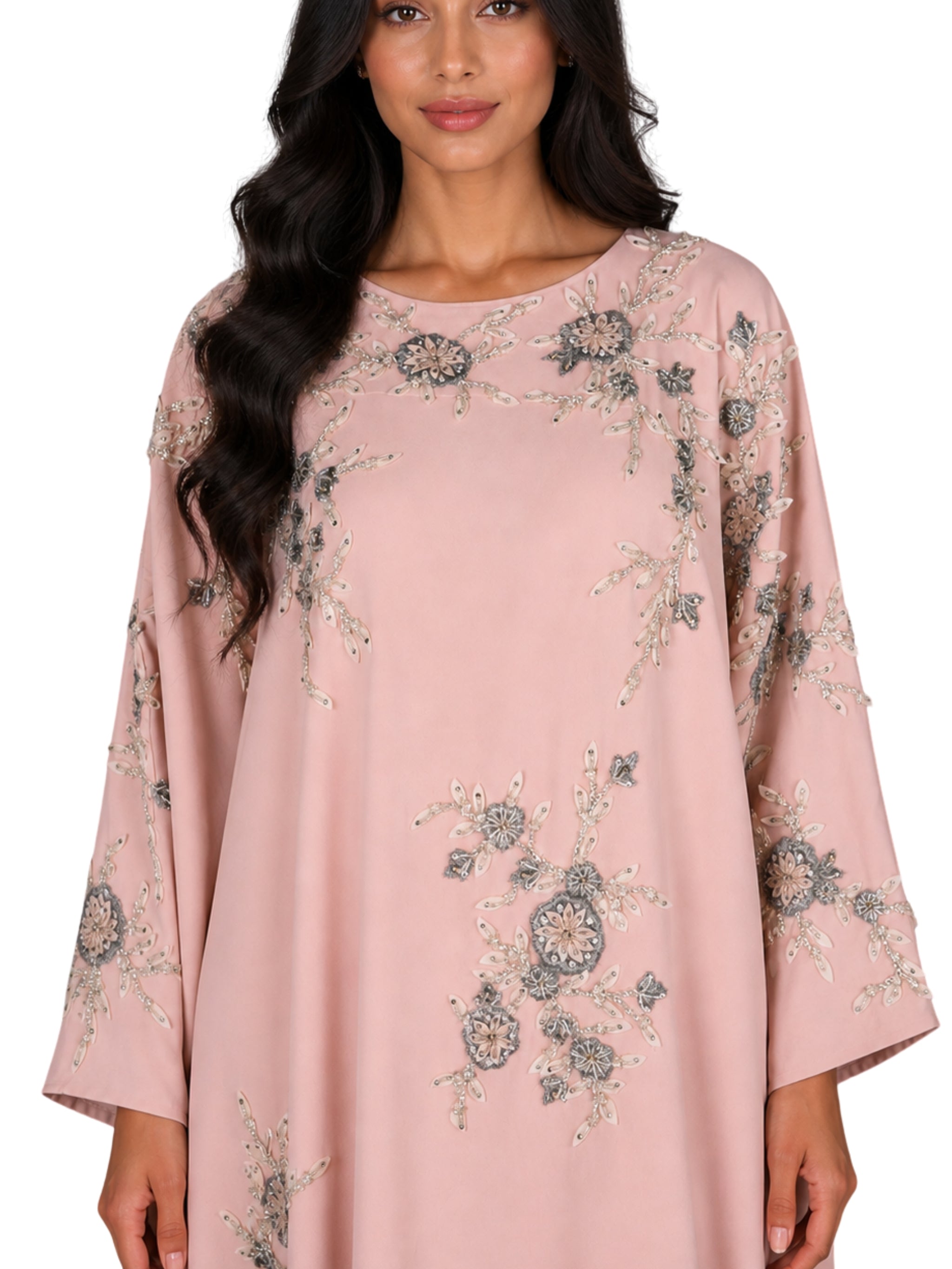 Hand embroiderd flowers -long sleeve dress-kaftan cut dress