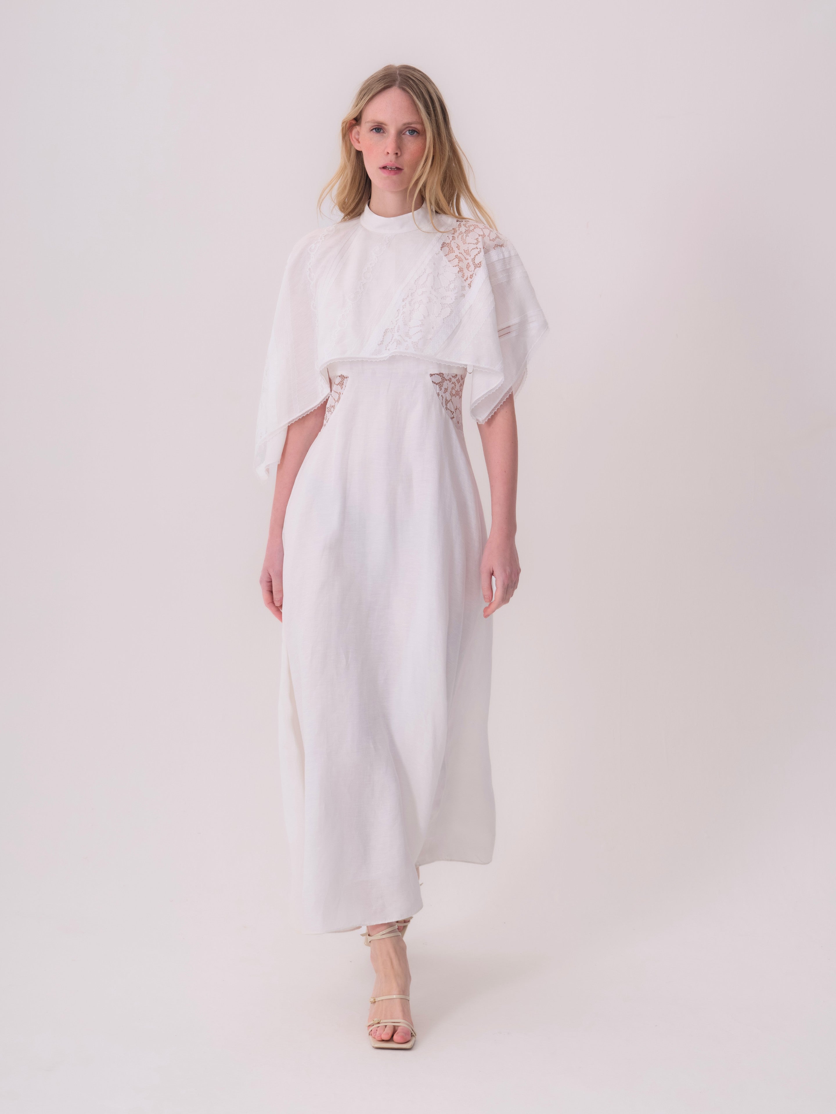 White Linen Dress with Lace Details