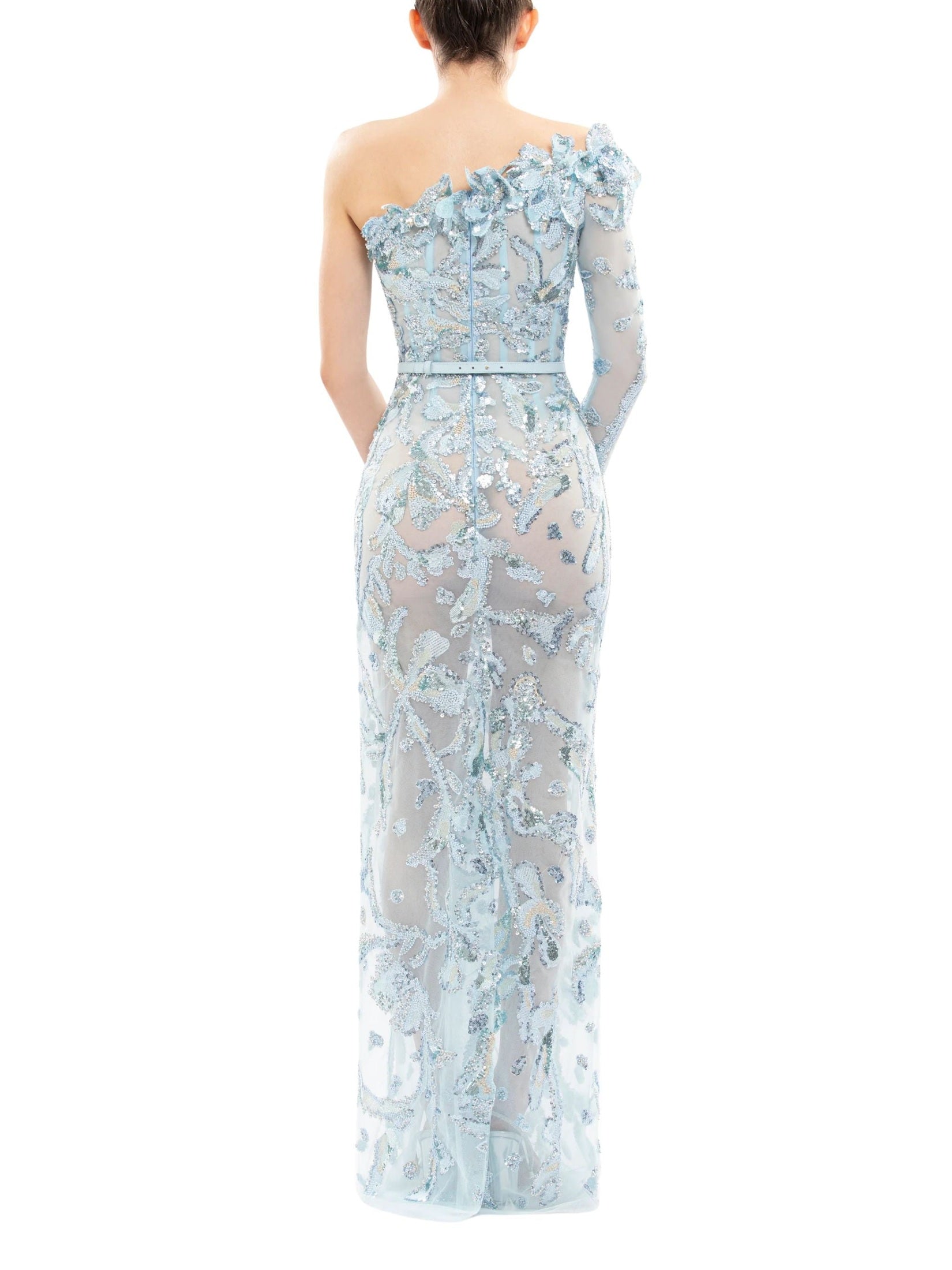 One-shoulder embroidered tulle dress