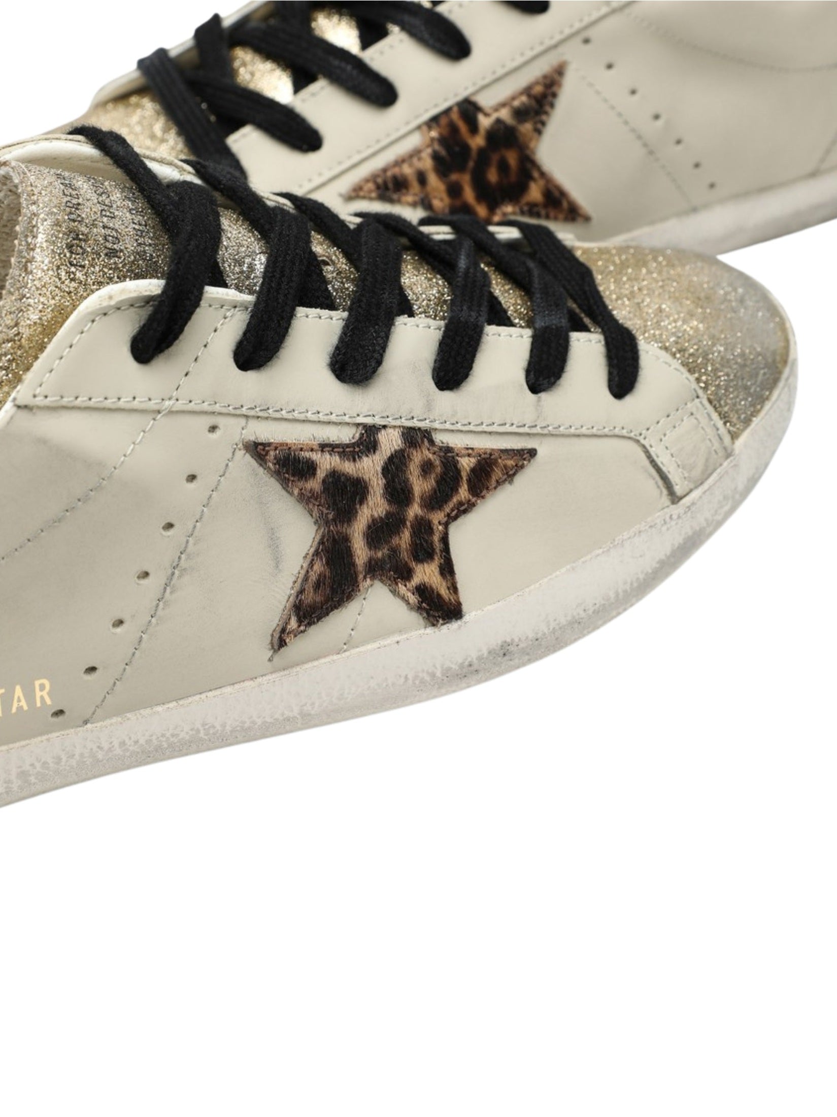 Super star leather upper glitter toe and tongue leather heel leopard horsy star