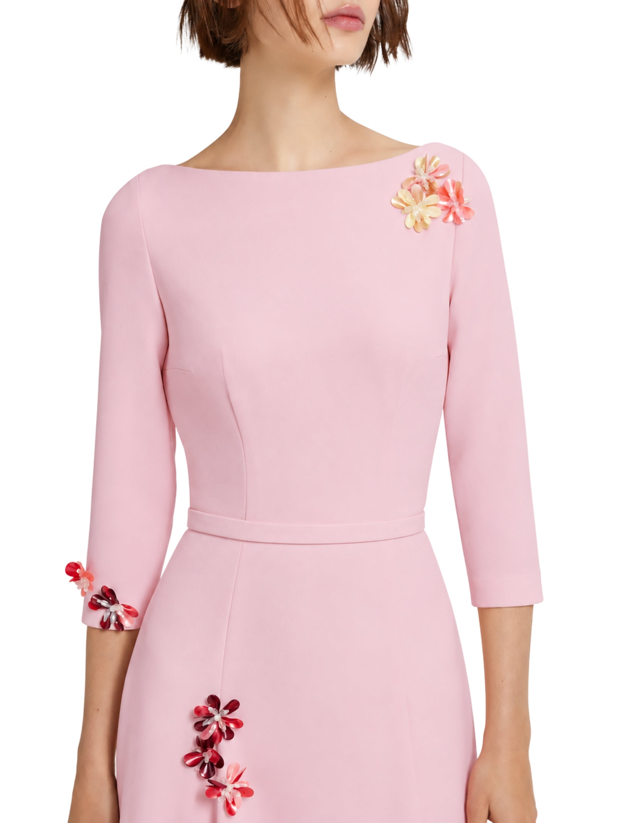 Sharp boat neck gown with asymmetric godets