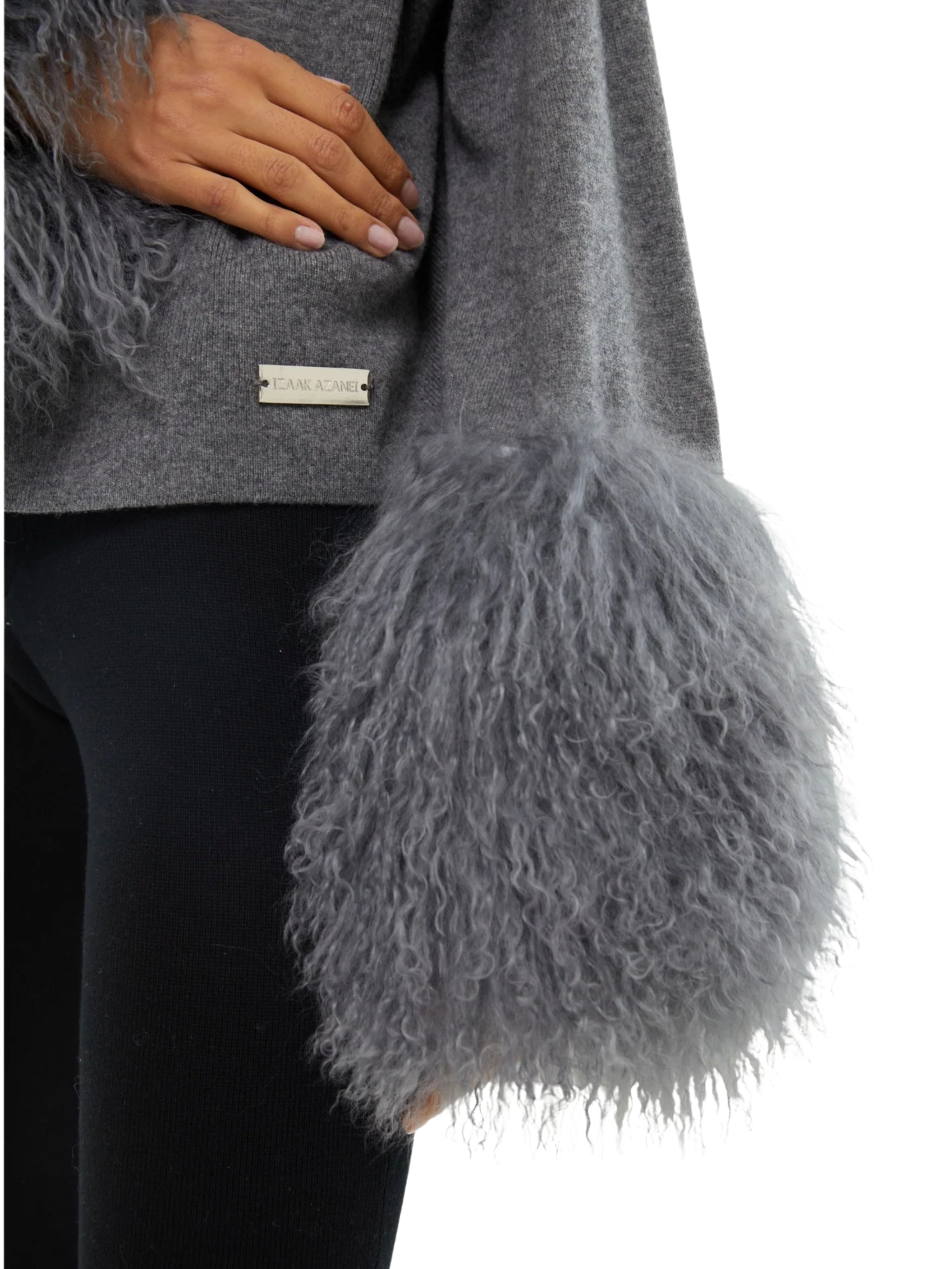 THE CABLE KNIT JACKET WITH SHEARLING COLLAR & CUFFS IN STORM