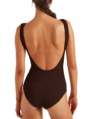 Coverage square neck swim - m metallic crinkle metallic chocolate