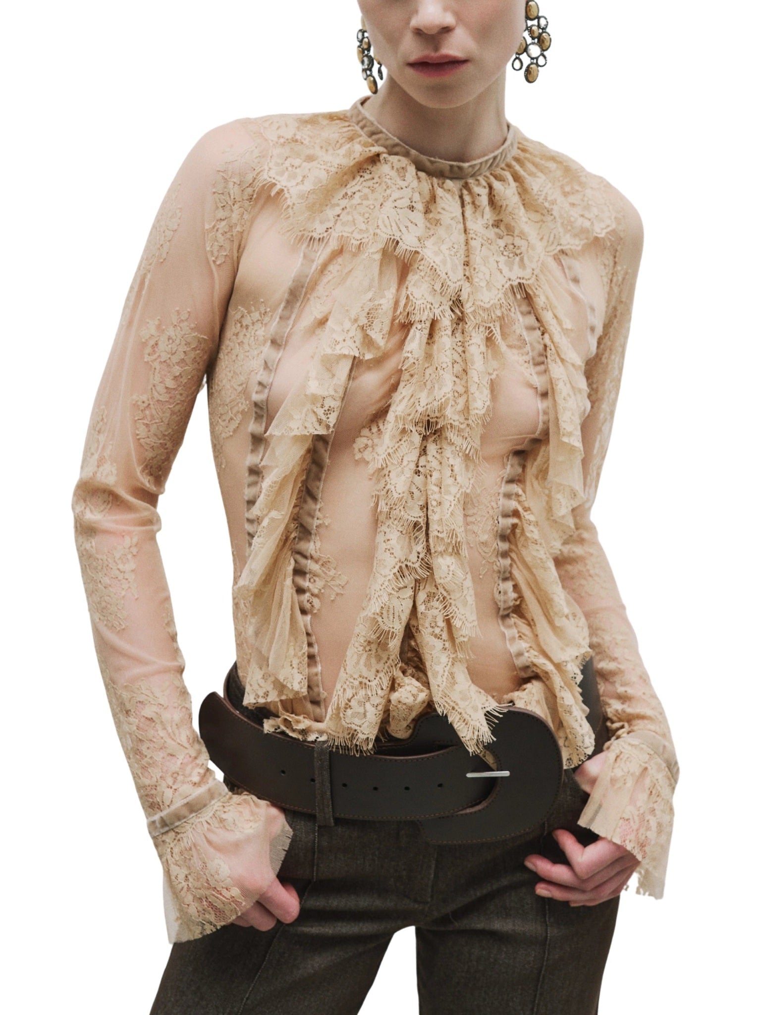 Ruffle-Detail Sheer Blouse