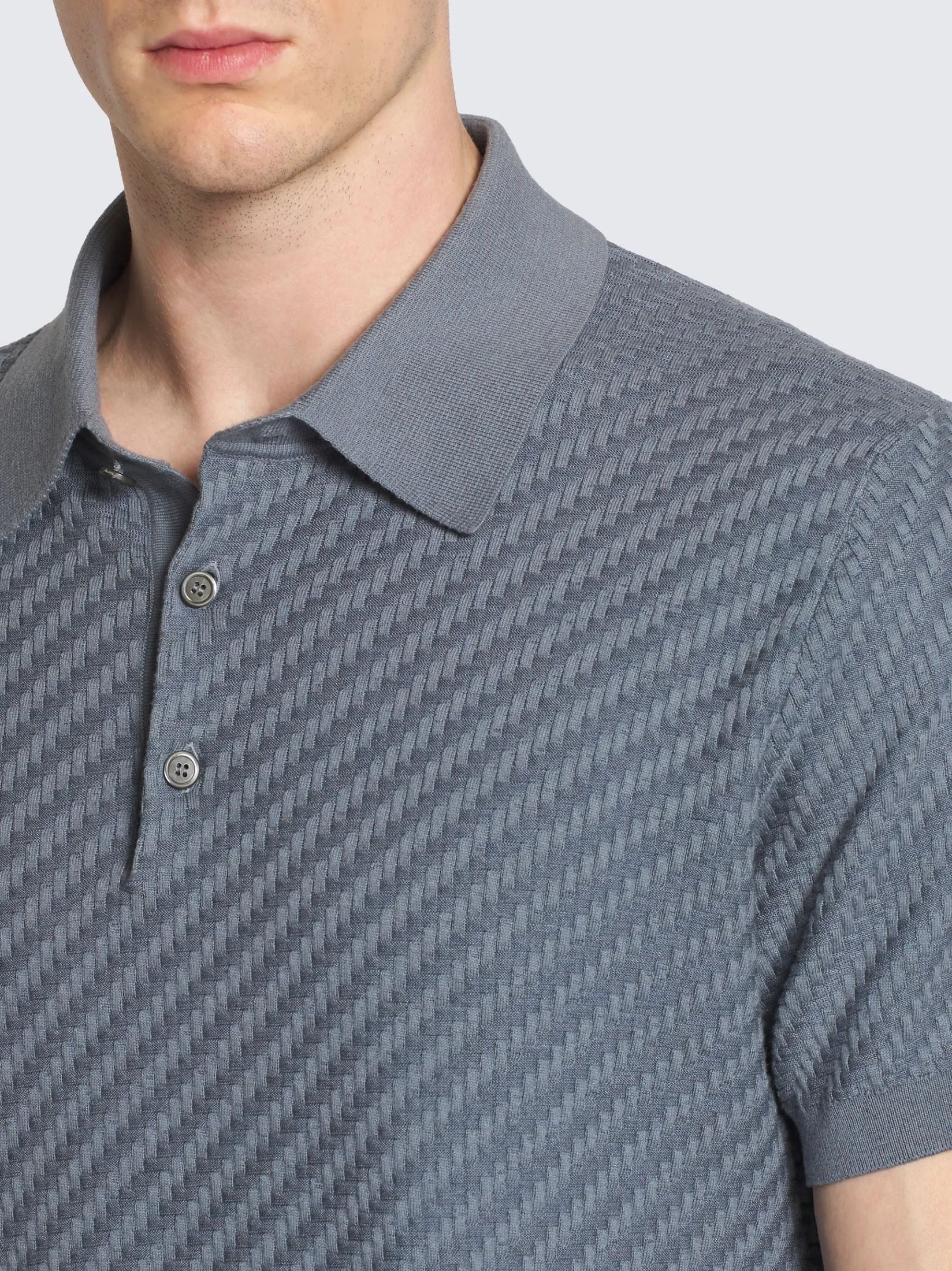 Steel blue cotton, silk and cashmere Trama weave polo