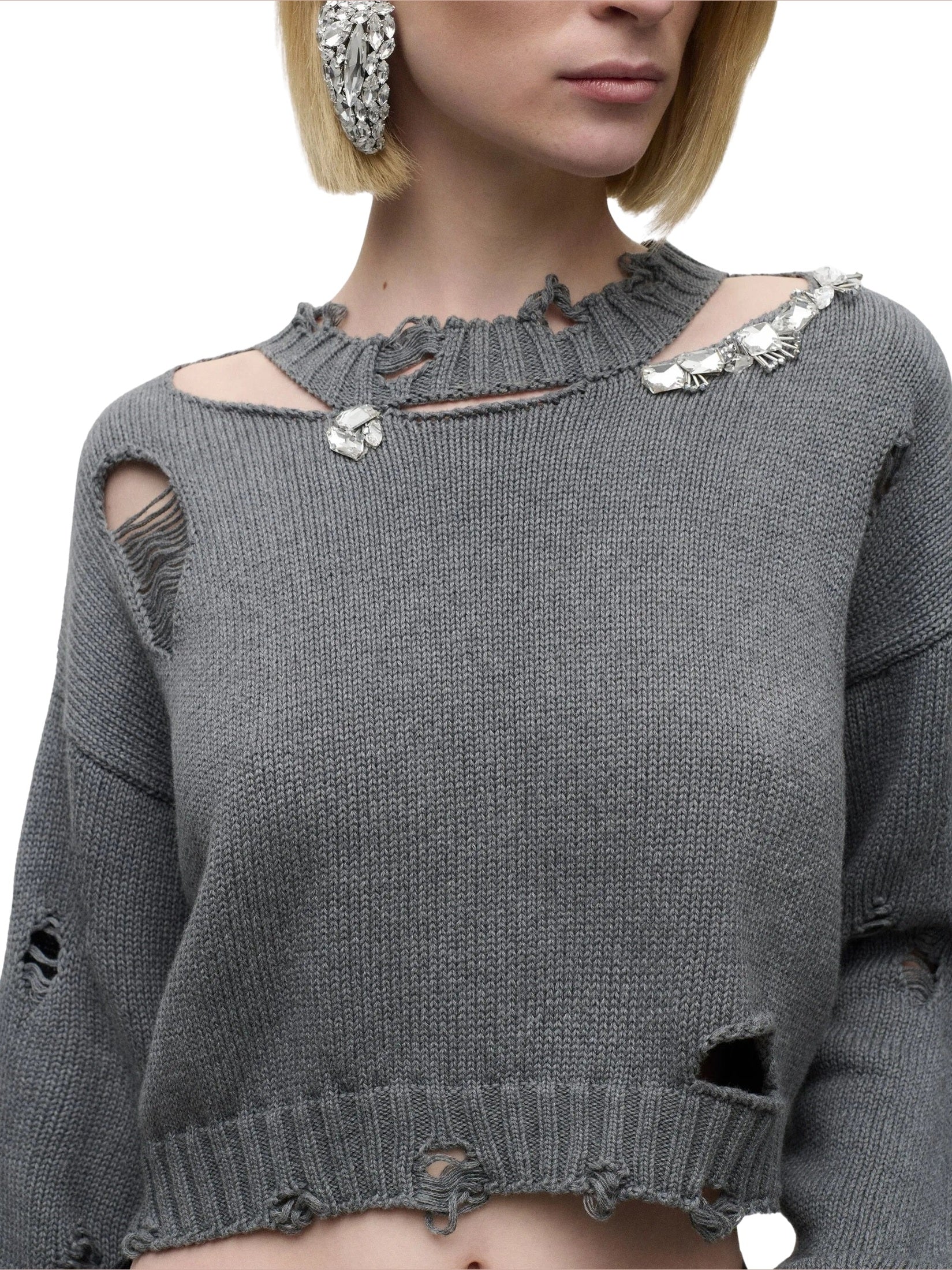 Distressed crystal crewneck sweater