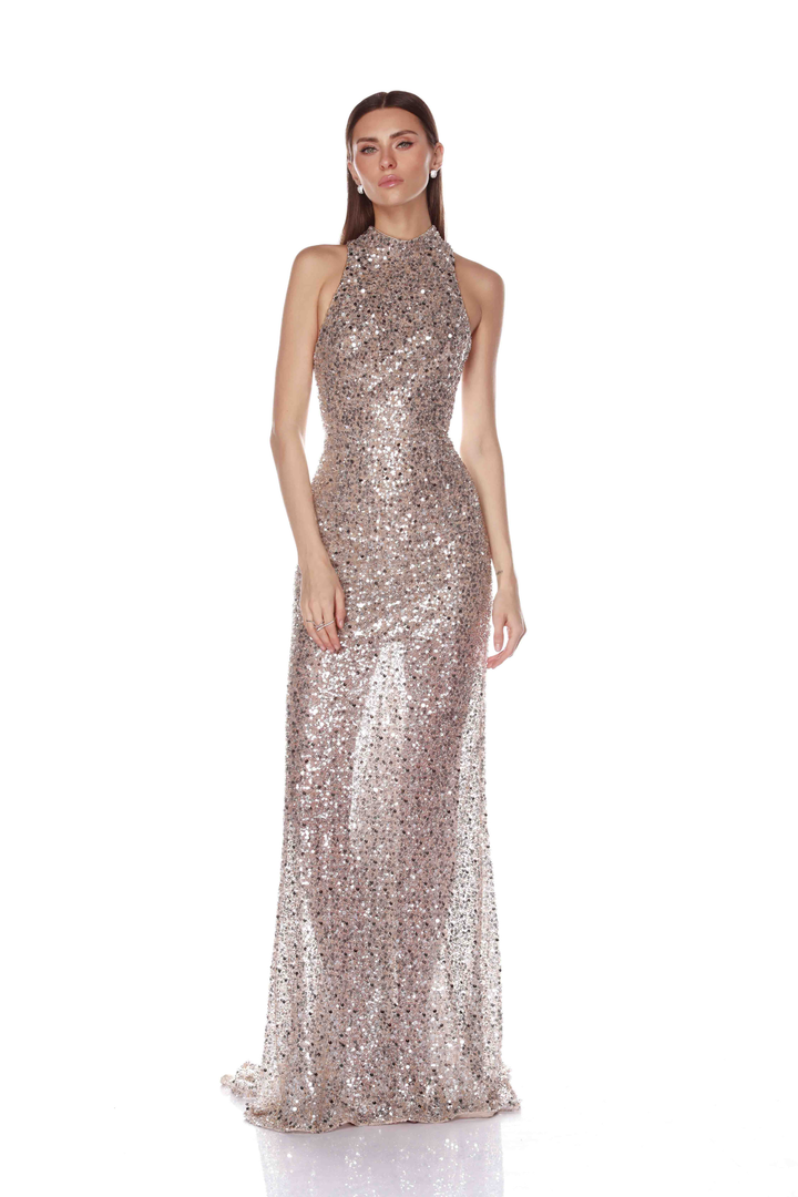 TESSA SILVER HALTERNECK GOWN