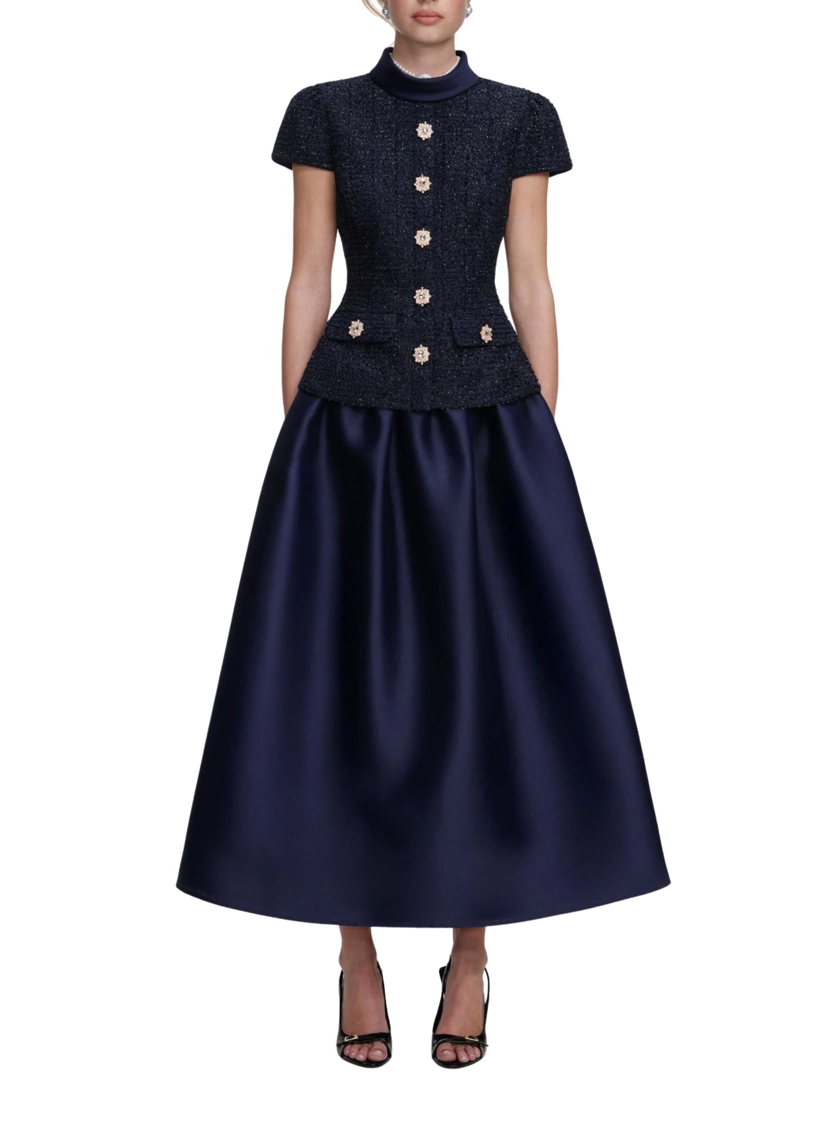 Navy bouclé taffeta midi dress