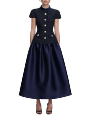 NAVY BOUCLÉ TAFFETA MIDI DRESS