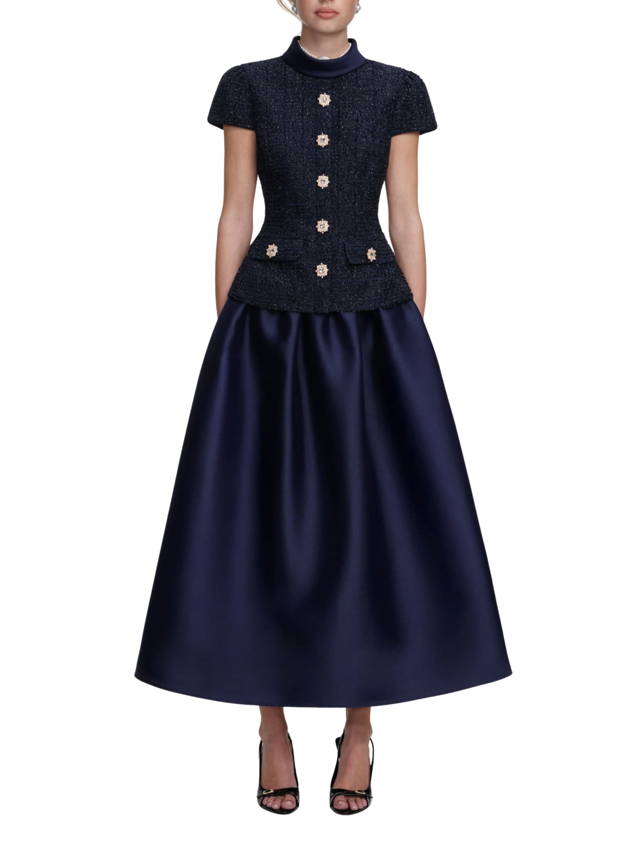 NAVY BOUCLÉ TAFFETA MIDI DRESS