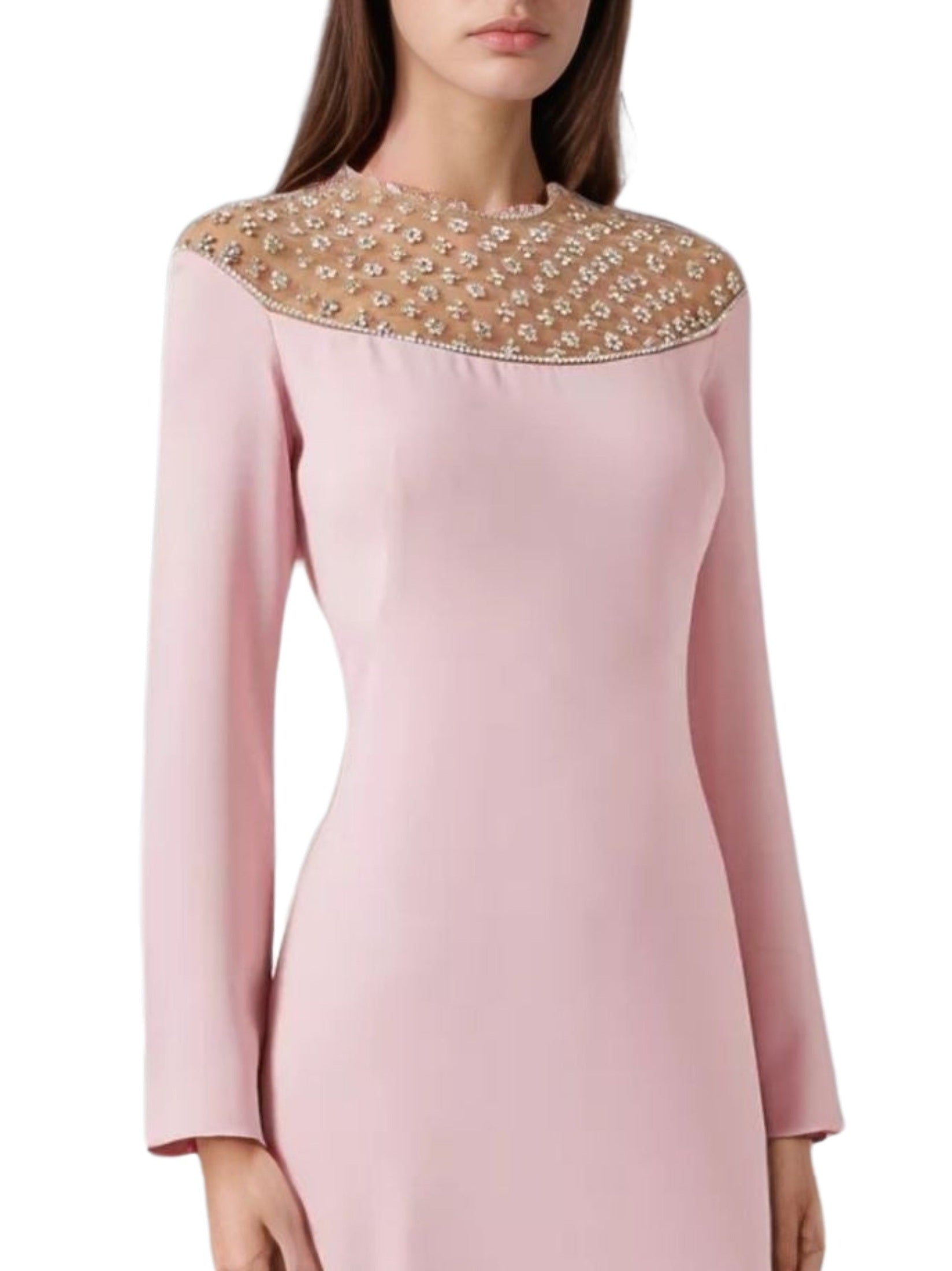 Raisa crepe long-sleeve gown with crystal-embellished tulle illusion neckline