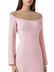 RAISA CREPE LONG-SLEEVE GOWN WITH CRYSTAL-EMBELLISHED TULLE ILLUSION NECKLINE