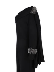Hand embroiderd nlack cape on one side chest and sleeve   one long sleeves  cape and jumpsuit