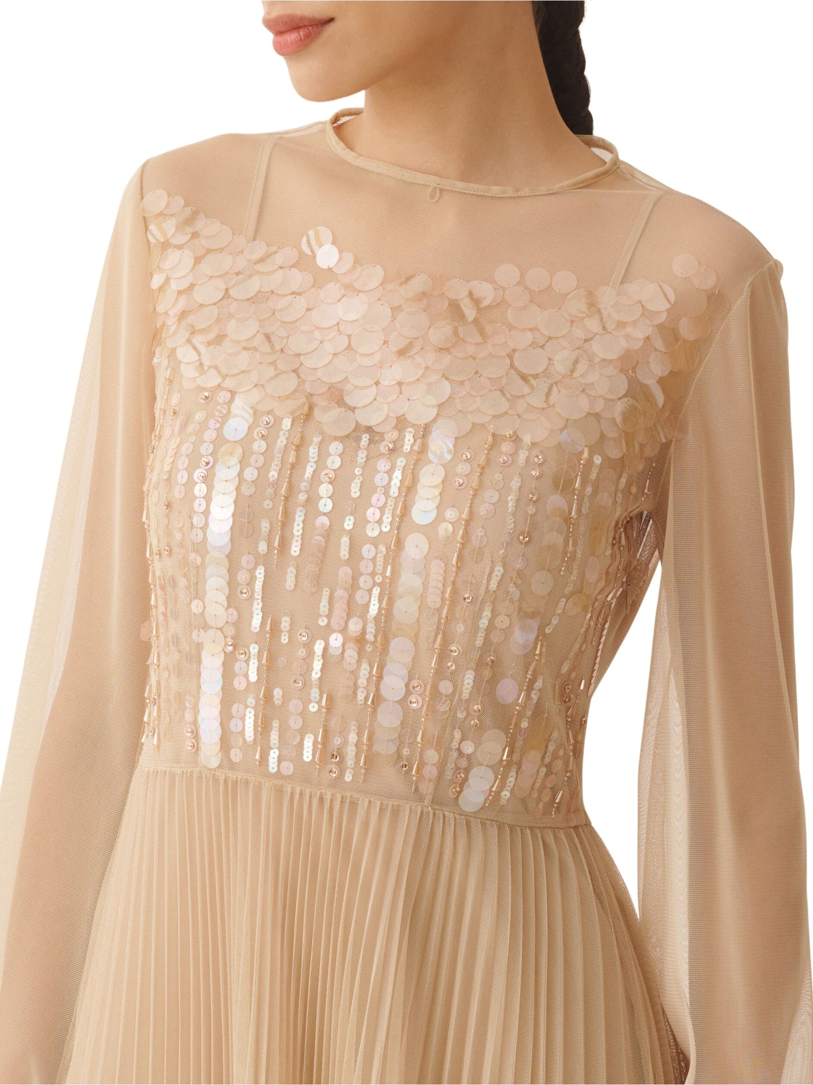 Pleated tulle long sleeve embroidered long dress