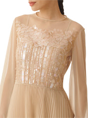 Pleated tulle long sleeve embroidered long dress