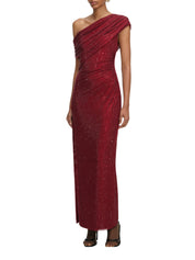BURGUNDY RHINESTONE DRAPE MIDI DRESS
