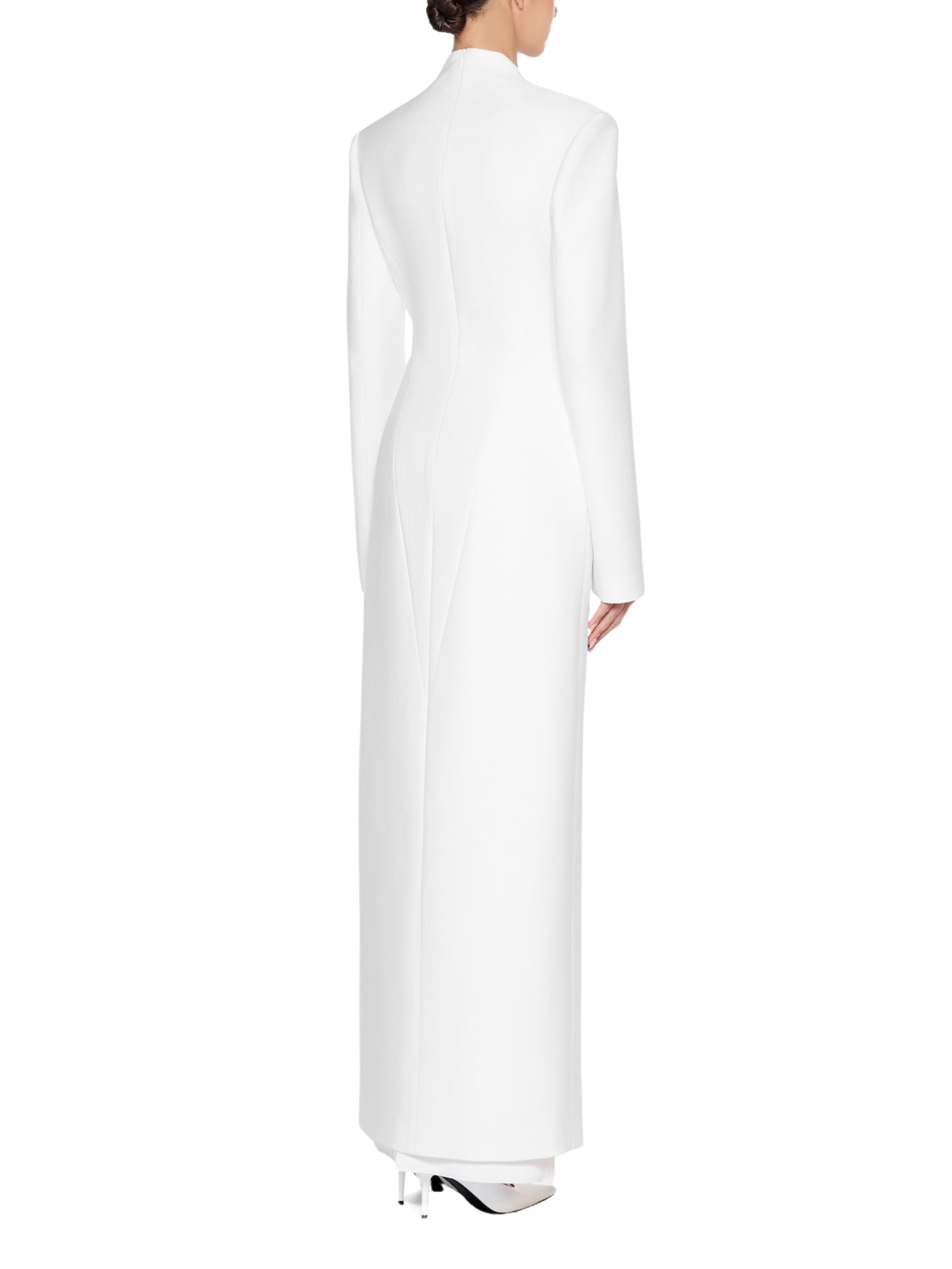 Fitted suit coat featuring front draping accentuated by a premium metal accessory detail