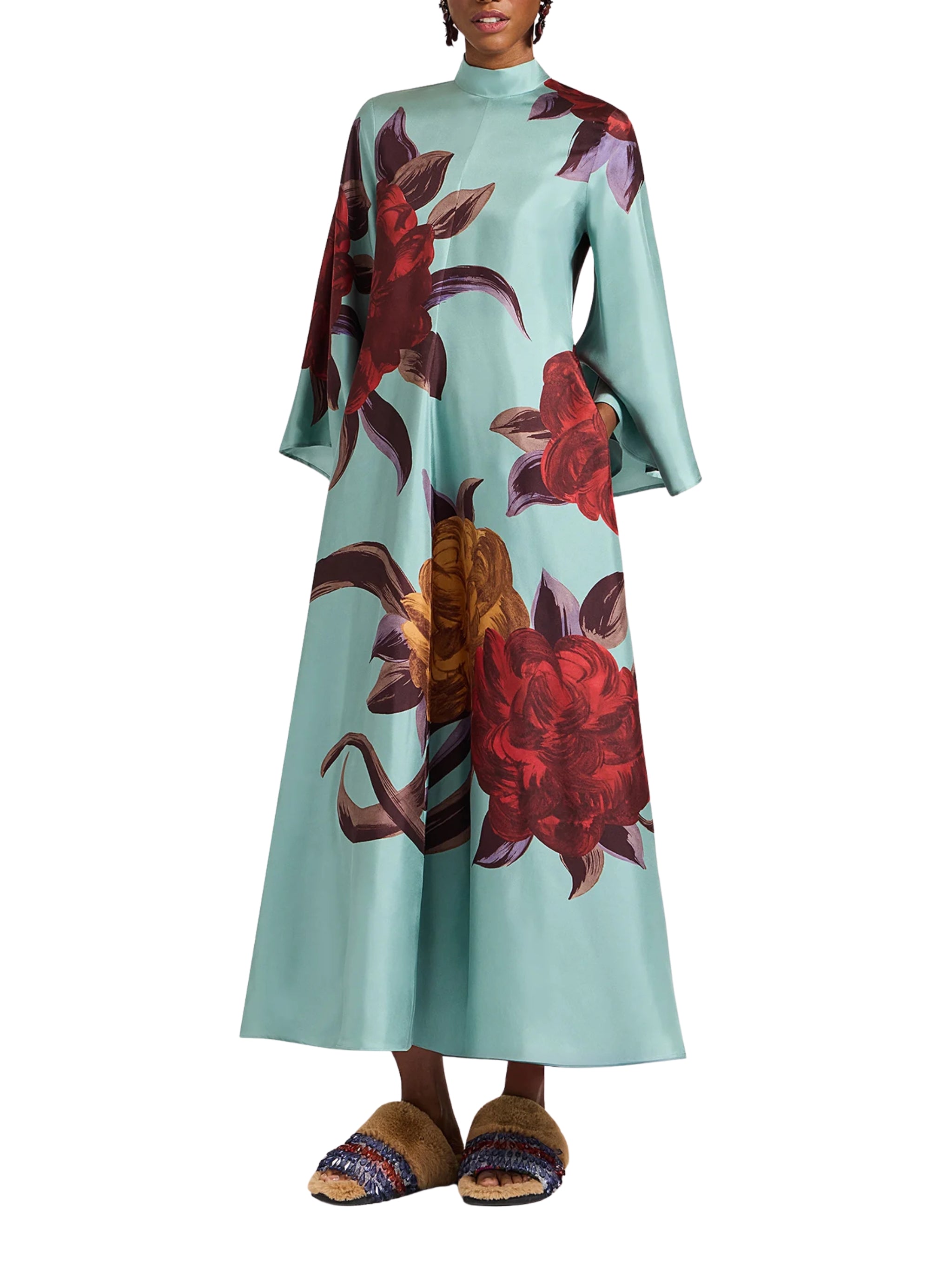 Magnifico Dress Peony Placée Light Blue In Silk Twill