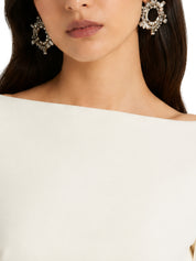 3/4 sleeve column gown with boat neckline