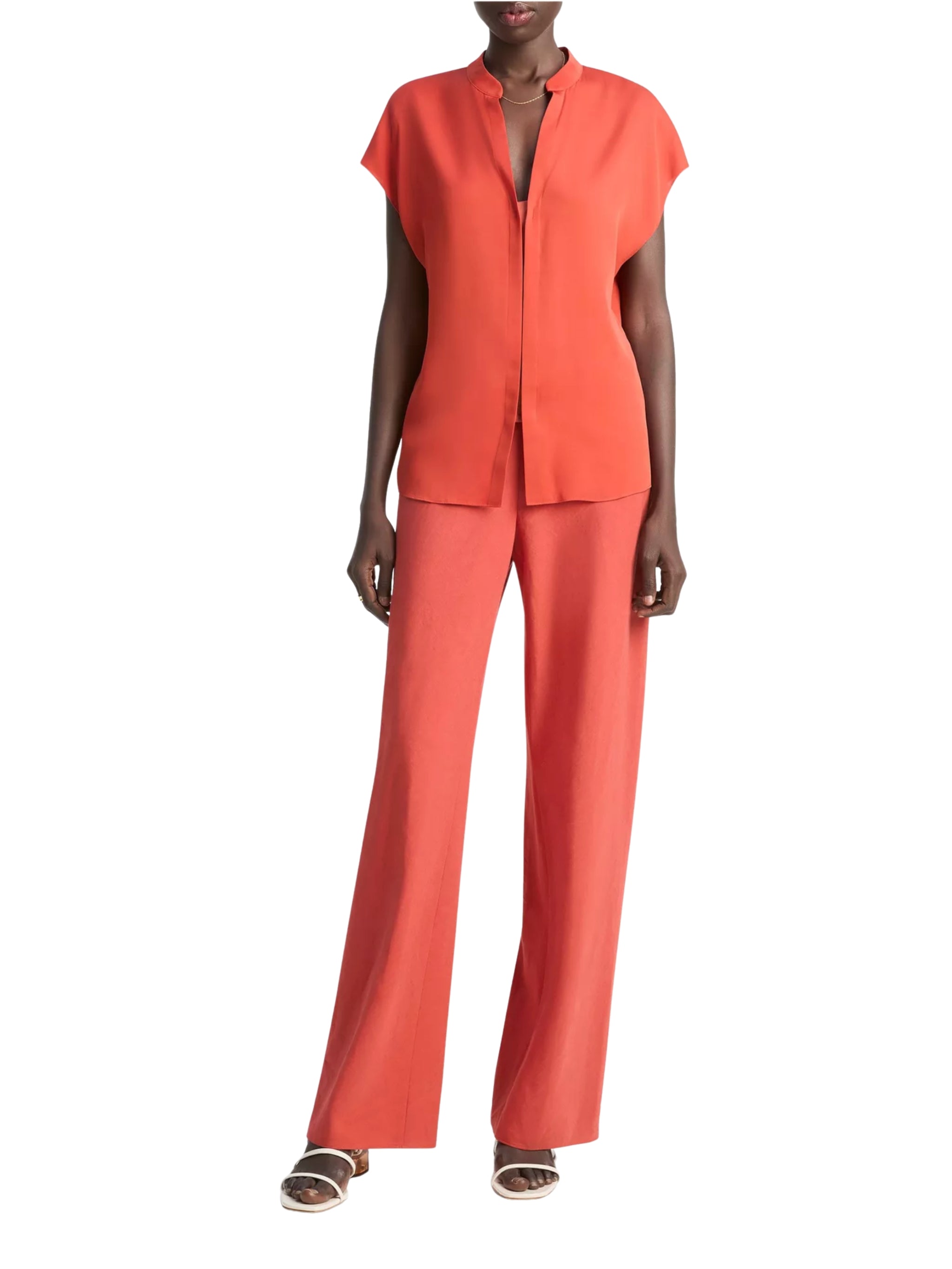 CAP SLV BLOUSE W/ CONTRAST HIDDEN PLKT