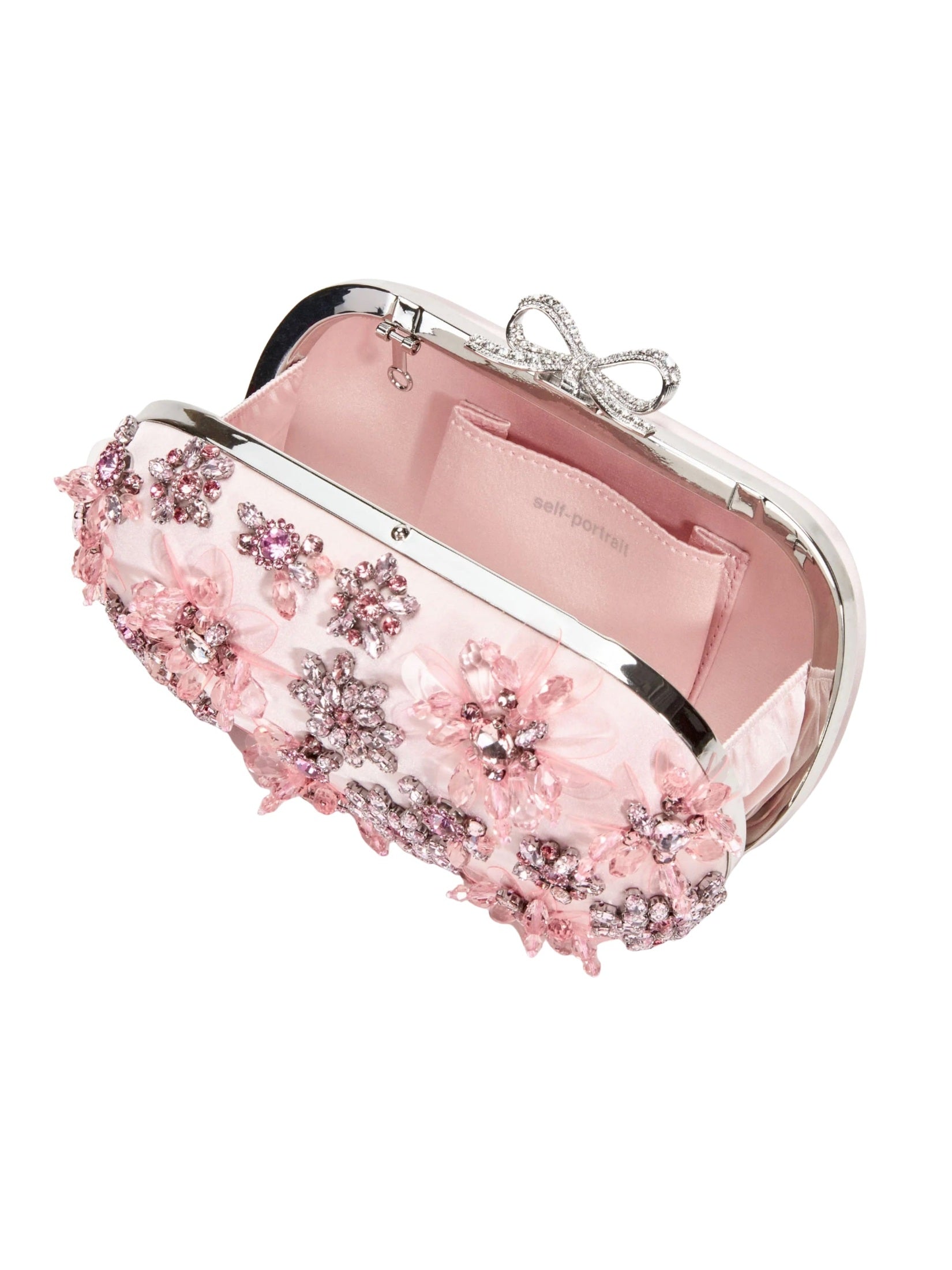 Pink satin floral crystal clutch