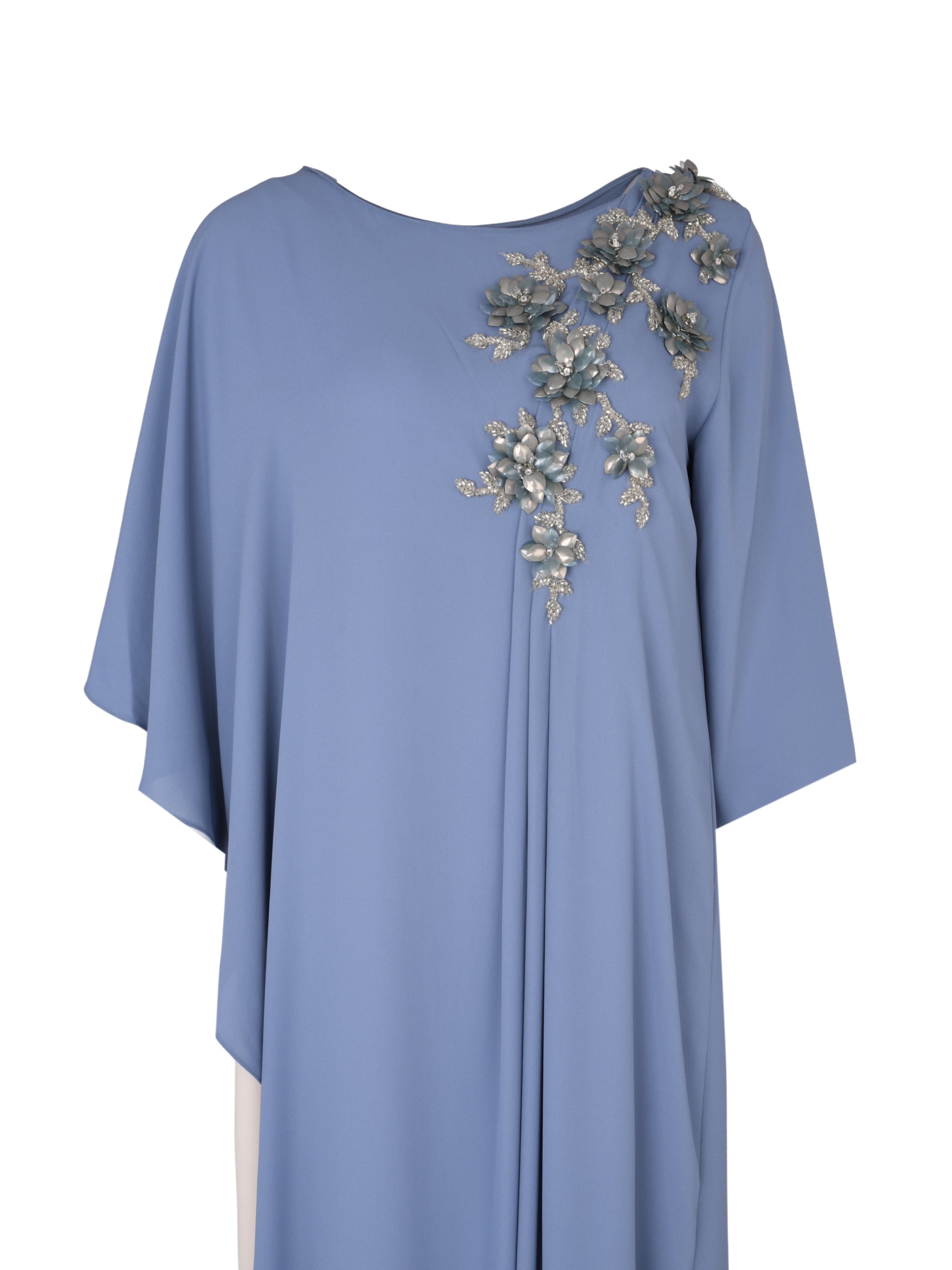 Blue-Beige Hand-Embroidered Pleated Shoulder Modest Dress