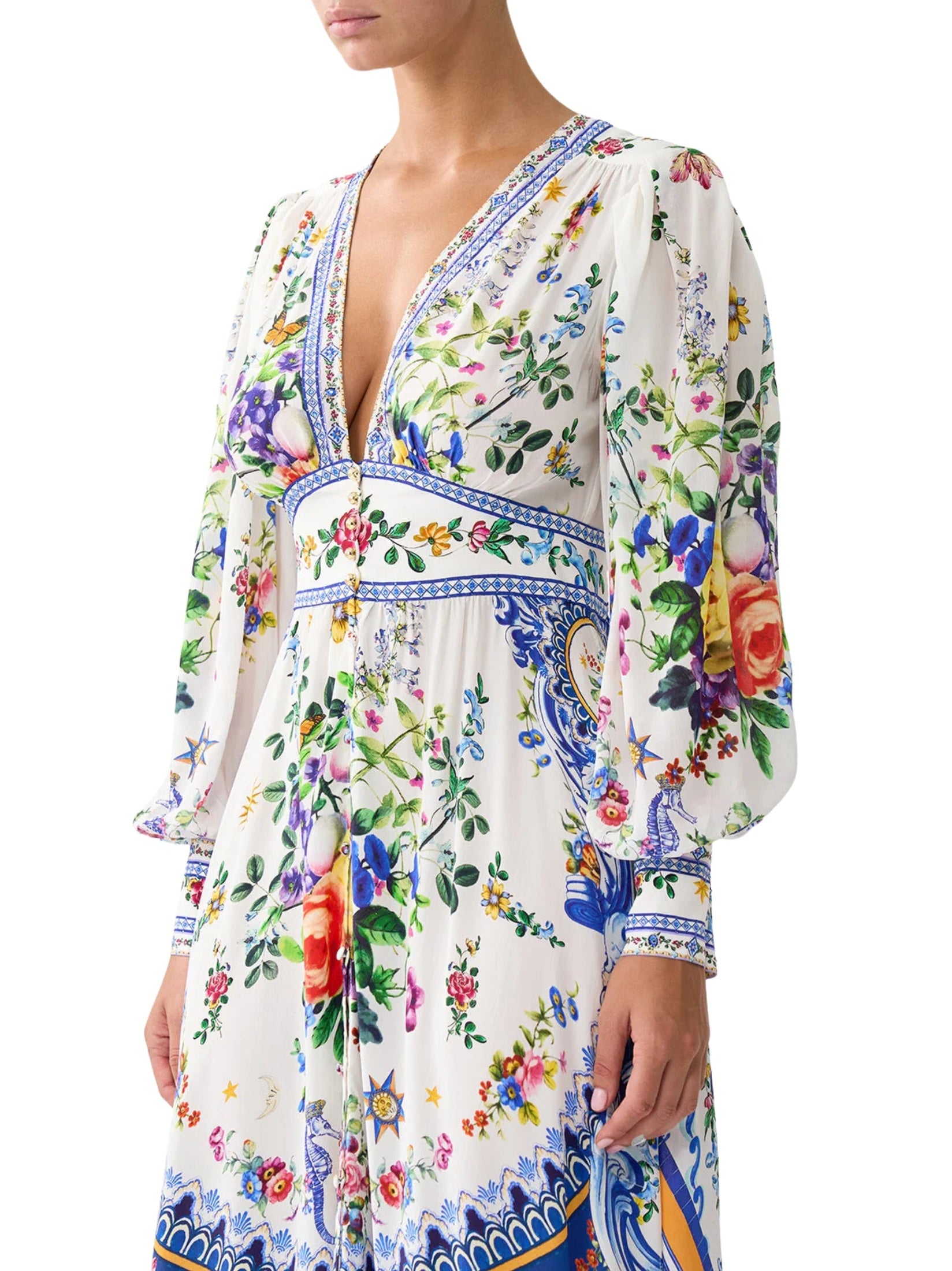 Shaped waistband dress with gathered sleeves