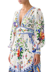 SHAPED WAISTBAND DRESS WITH GATHERED SLEEVES