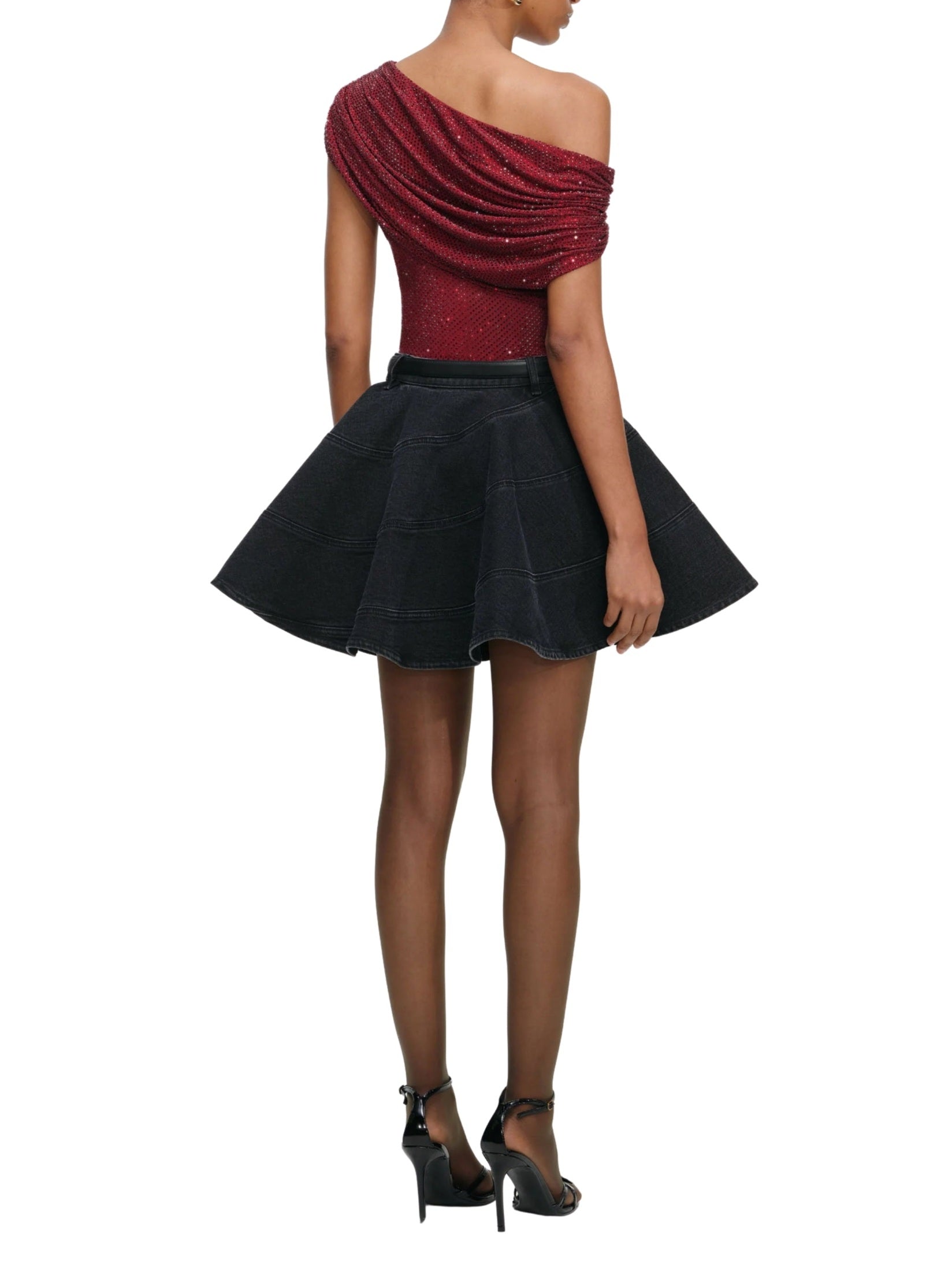 Burgundy rhinestone drape top