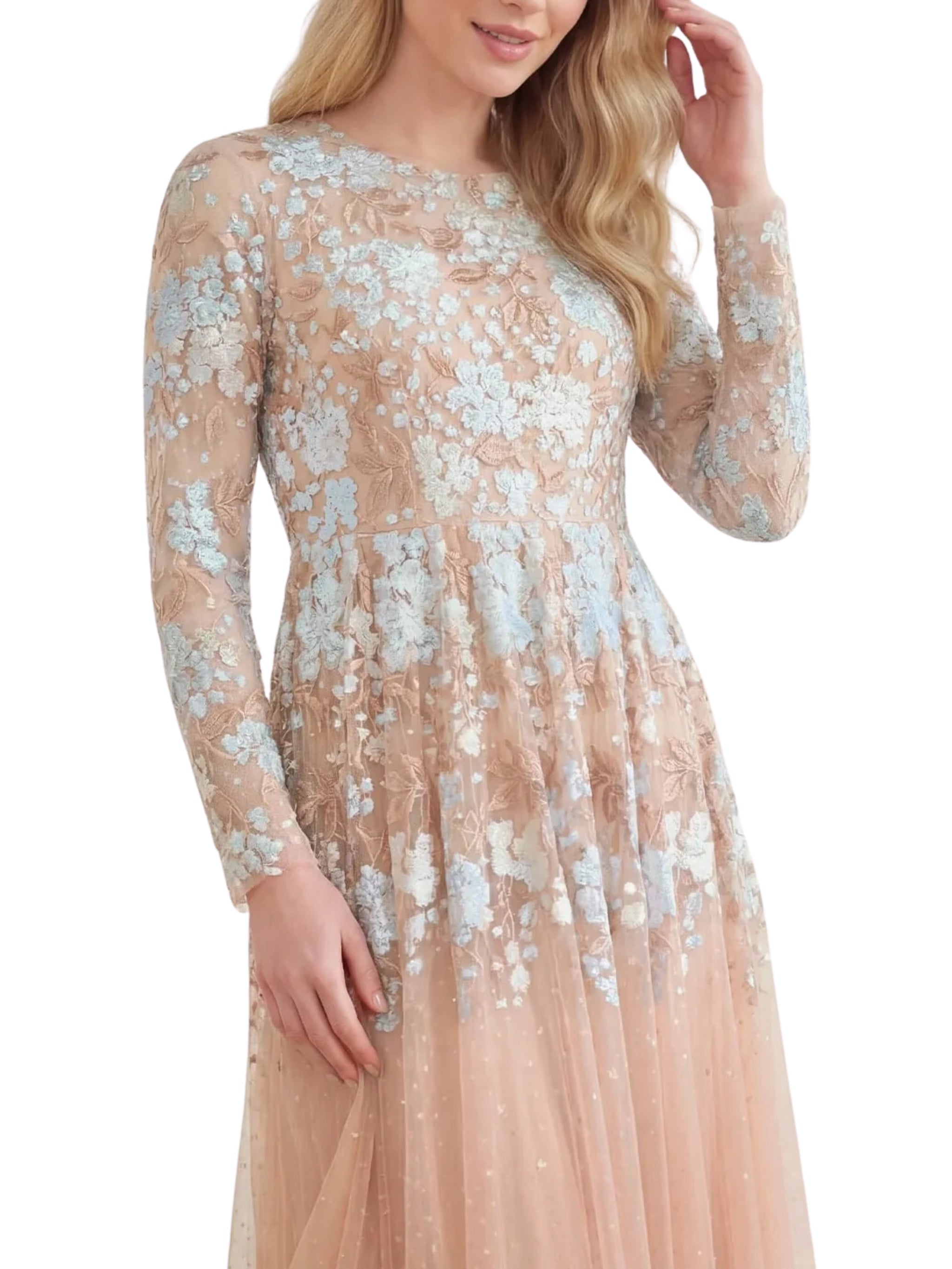 Wisteria dot long sleeve gown