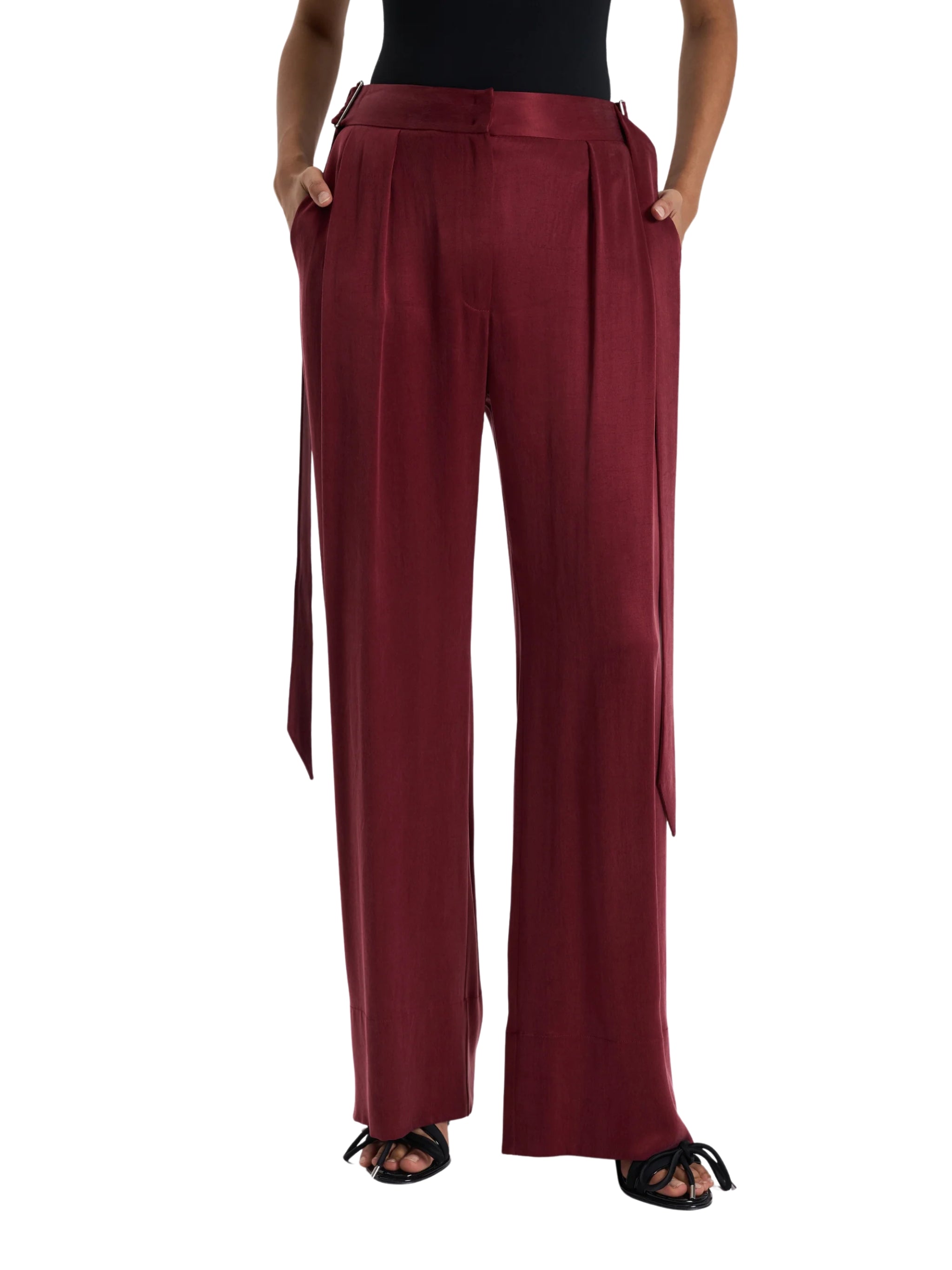 BURGUNDY BELTED PALAZZO TROUSERS
