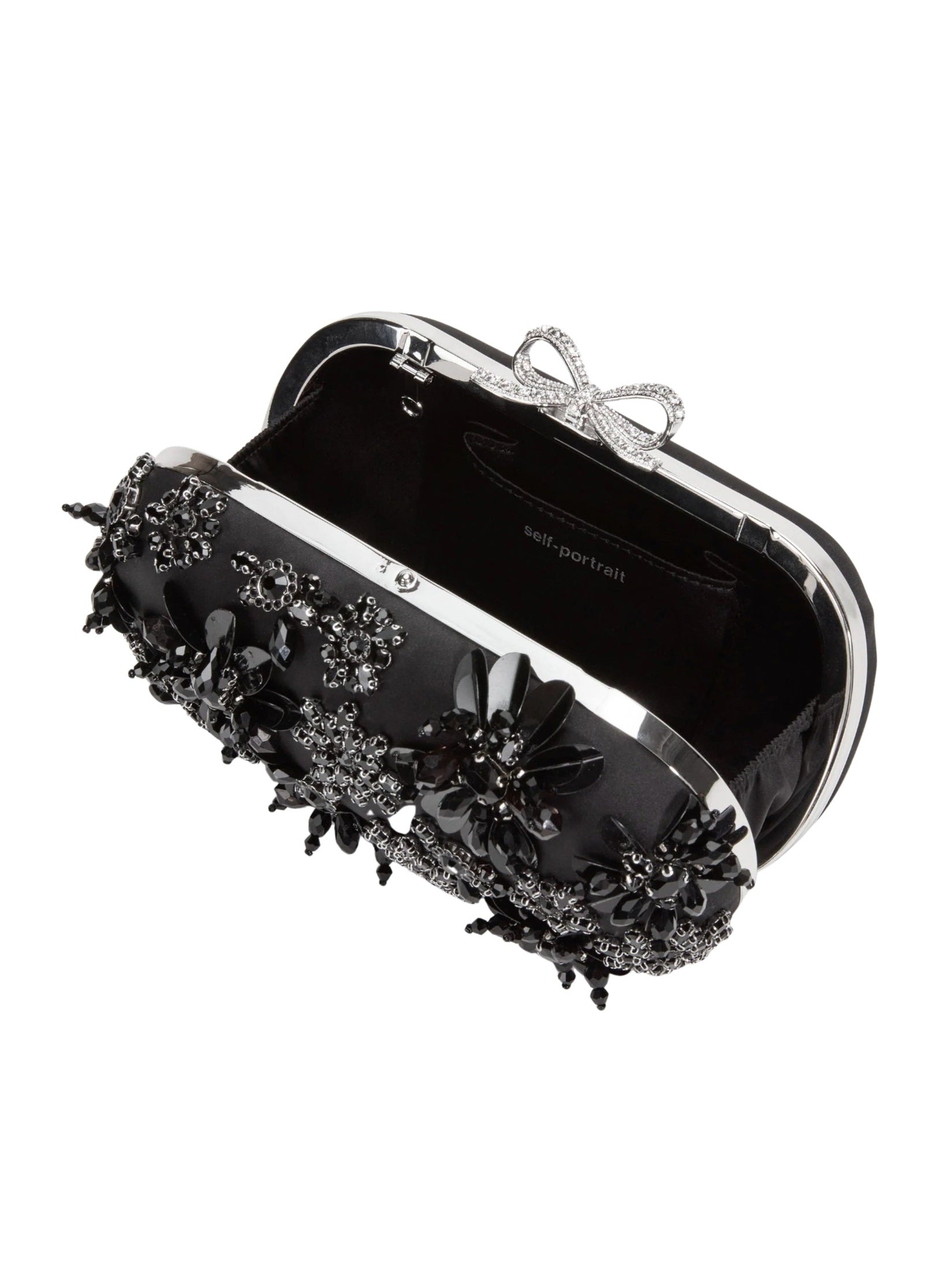 Black satin floral crystal clutch bag