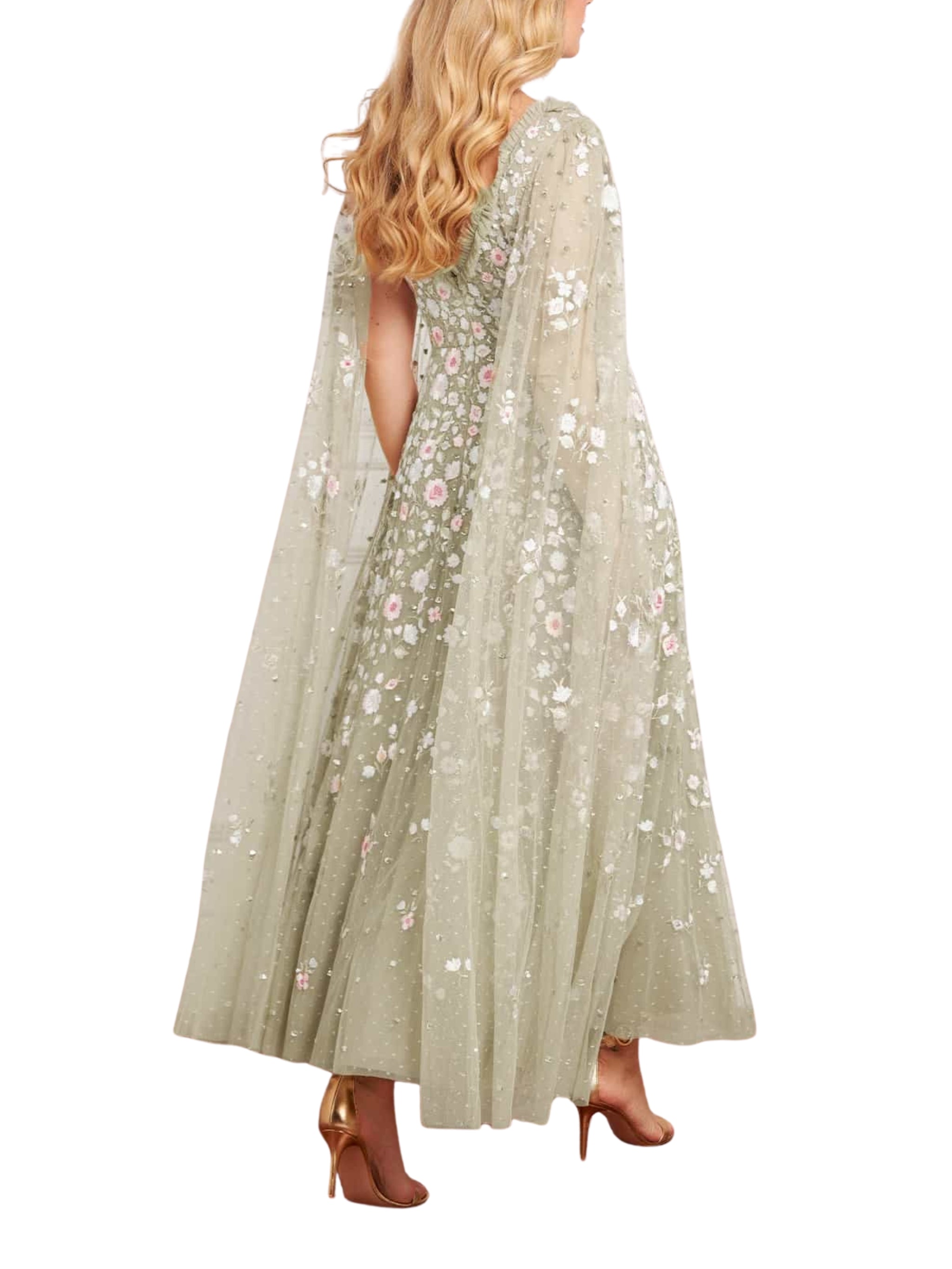 Ethereal blooms cape sleeve ankle gown