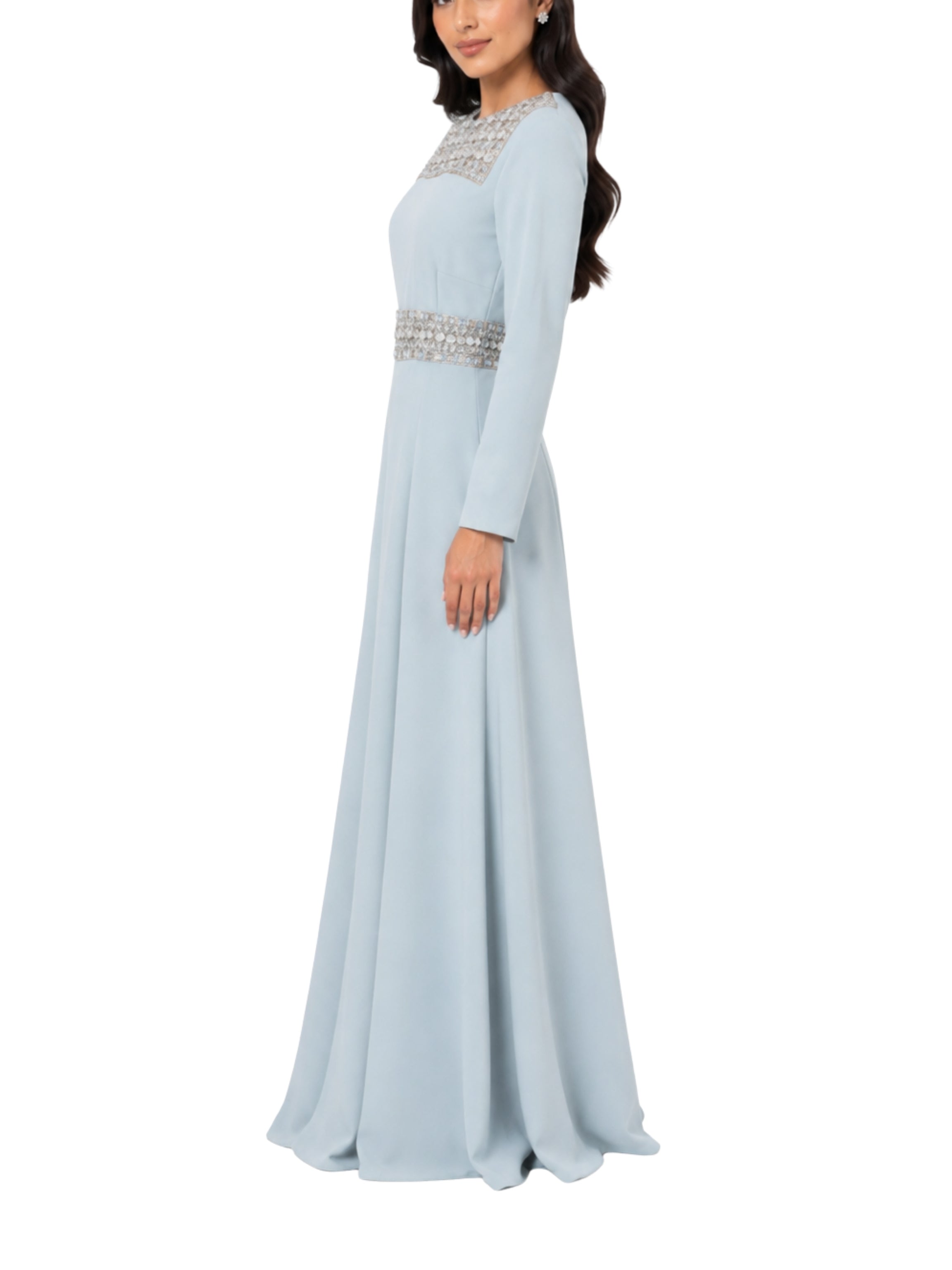 Hand embroiderd chest long sleeves off shoulder dress full cover modest dress fish cut