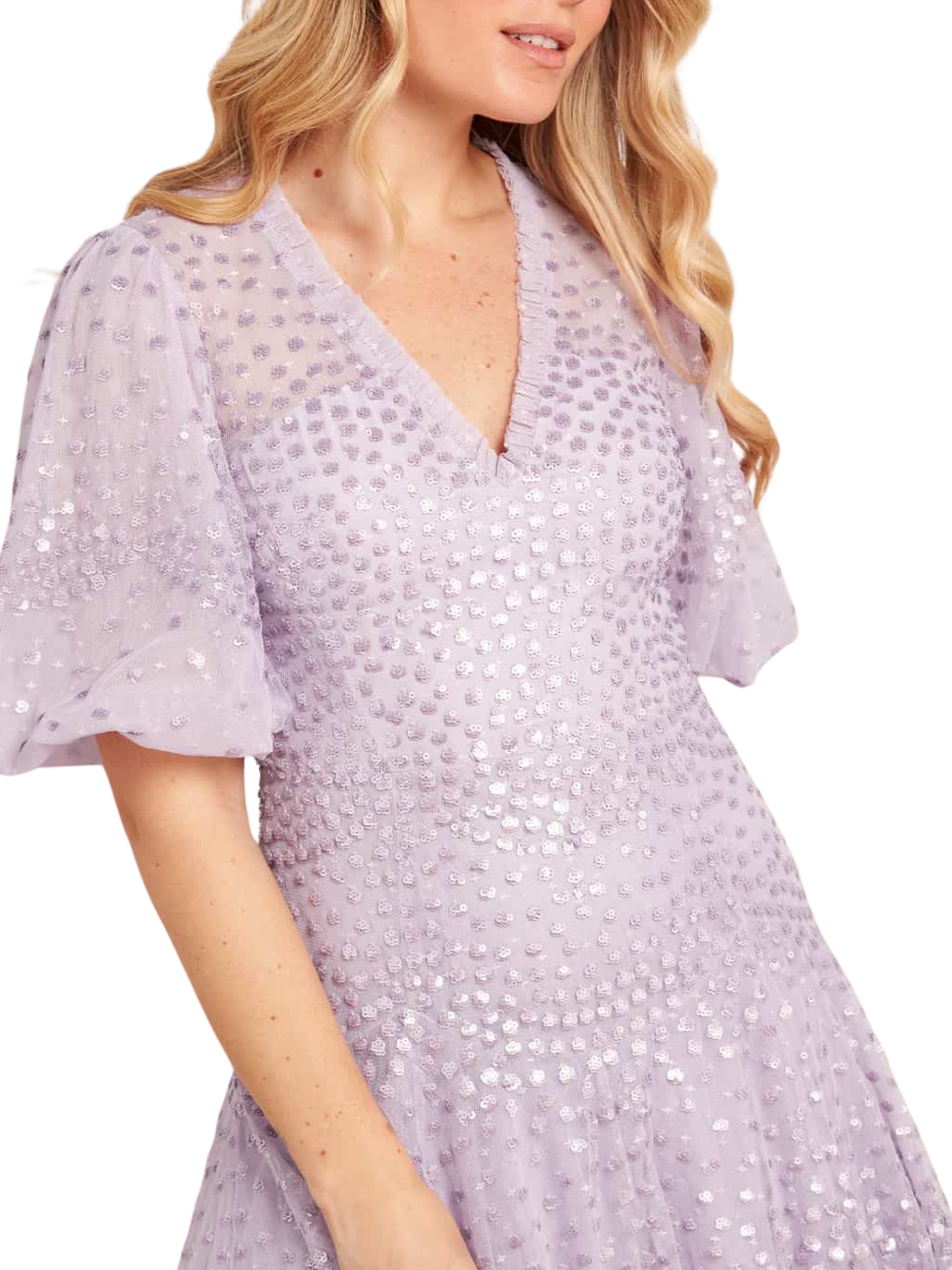 Scallop sequin v-neck ankle gown