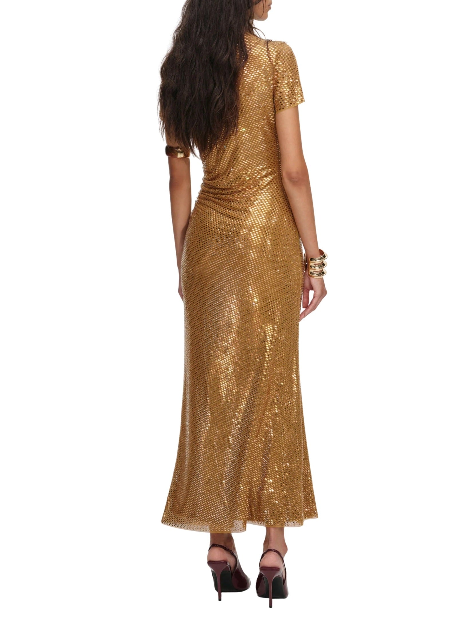 Gold rhinestone drape midi dress