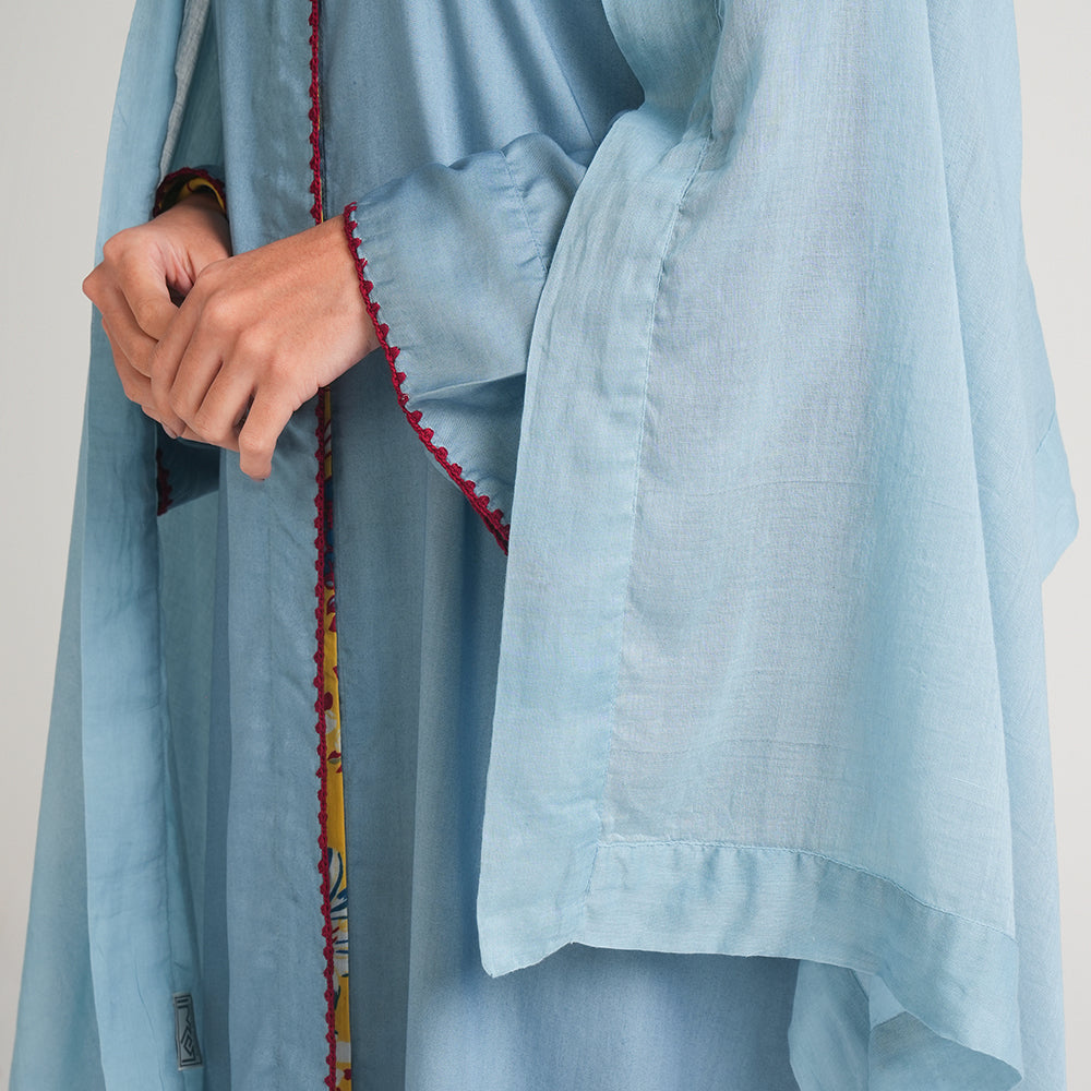 BLUE TENCEL COLLAR DRESS WITH SCARF